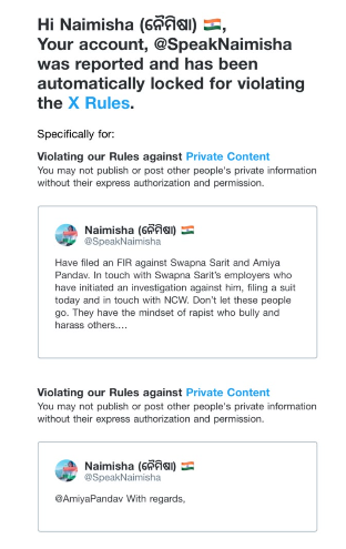 Schandillia's tweet photo. Have some shame, @X. A girl gets harassed and doxxed on your platform and SHE becomes the bad one? Just because she filed a police complaint and announced it? The fuck is this retardation? Stay strong, @SpeakNaimisha, none of this should stop the bastards from getting their due. https://t.co/iIgMnIFYOP