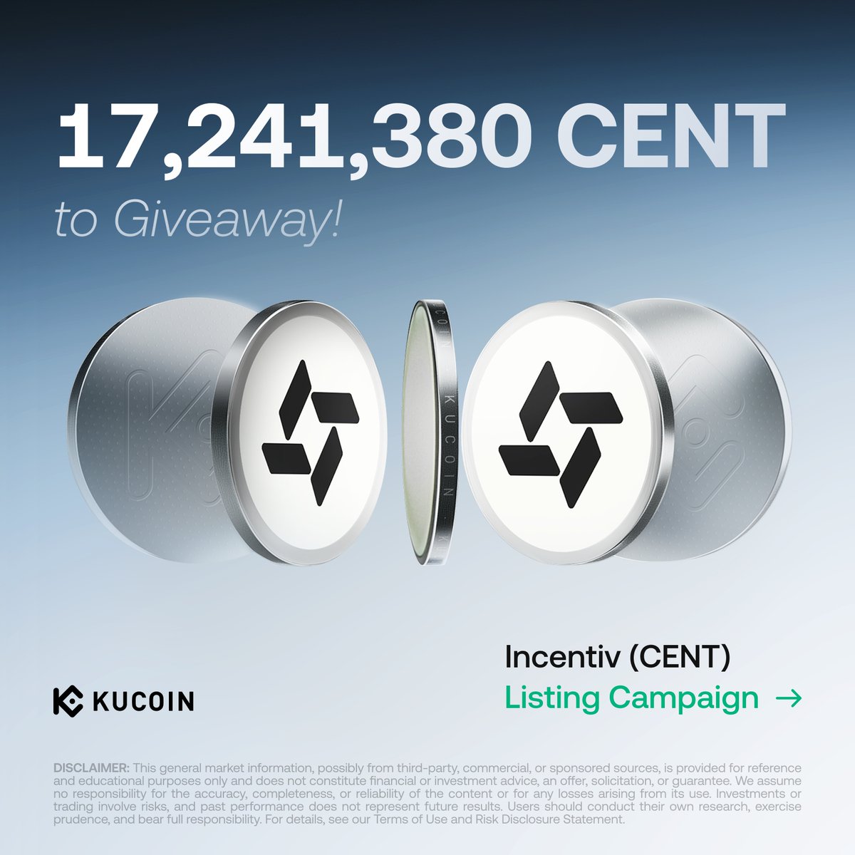 kucoincom's tweet photo. 🎉 Incentiv (#CENT) is bringing rewards to #KuCoin!
🔹 Activity 1: Trade to Share a 14,021,380 CENT Prize Pool with CENT GemSlot Carnival!
🔹 Activity 2: Learn & Earn — Learn About Incentiv (CENT) and Share 3,220,000 CENT
Don’t miss your chance to earn more as CENT goes live on #KuCoinSpotMarket!
https://t.co/Nww4TMBe4I
👉 Follow @incentiv_net and @kucoincom on X or join our Discord to stay updated.
#KuListing #CENT