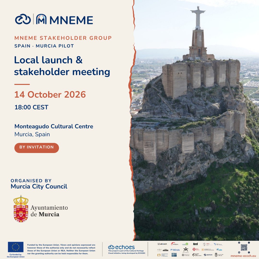 mneme_eu's tweet photo. On 14 Oct, Murcia City Council launches the MNEME pilot and its Local Stakeholder Group at Monteagudo Cultural Center.
https://t.co/SqRKlgFriq
This project is part of the #Eccch initiative, coordinated by the @echoes_eu project
#MnemeEccch #CulturalHeritageCloud #EchoesEccch https://t.co/kDYJmbg0f1