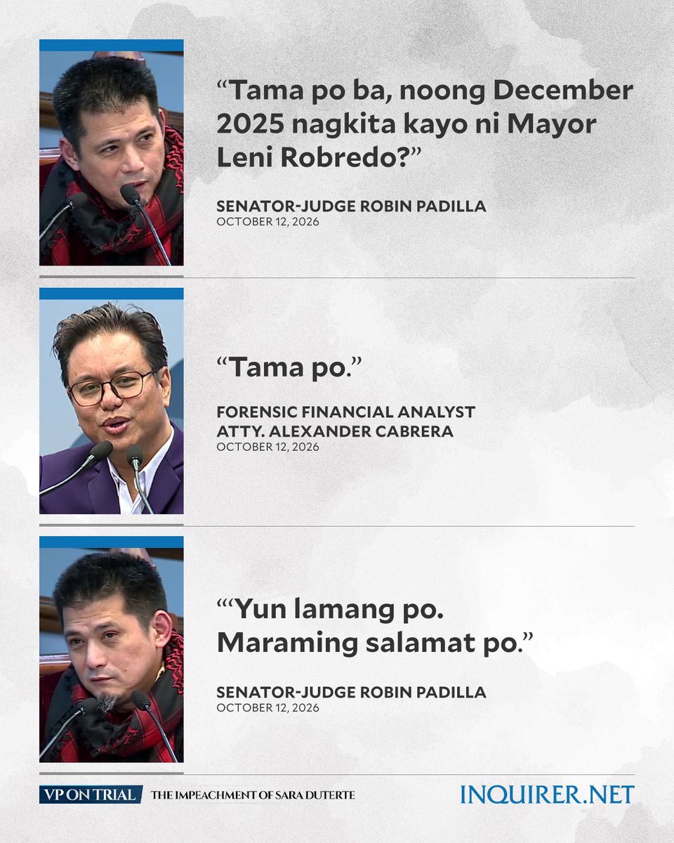 inquirerdotnet's tweet photo. ‘NAGKITA KAYO NI MAYOR LENI ROBREDO?’

Senator-judge Robin Padilla ended his interjections by asking forensic financial analyst Atty. Alexander Cabrera to confirm whether he met Mayor Leni Robredo in December 2025. #VPonTrial

Follow our live updates here: https://t.co/LNw5C4jsqJ

Watch our livestream here: https://t.co/eahayax0n2