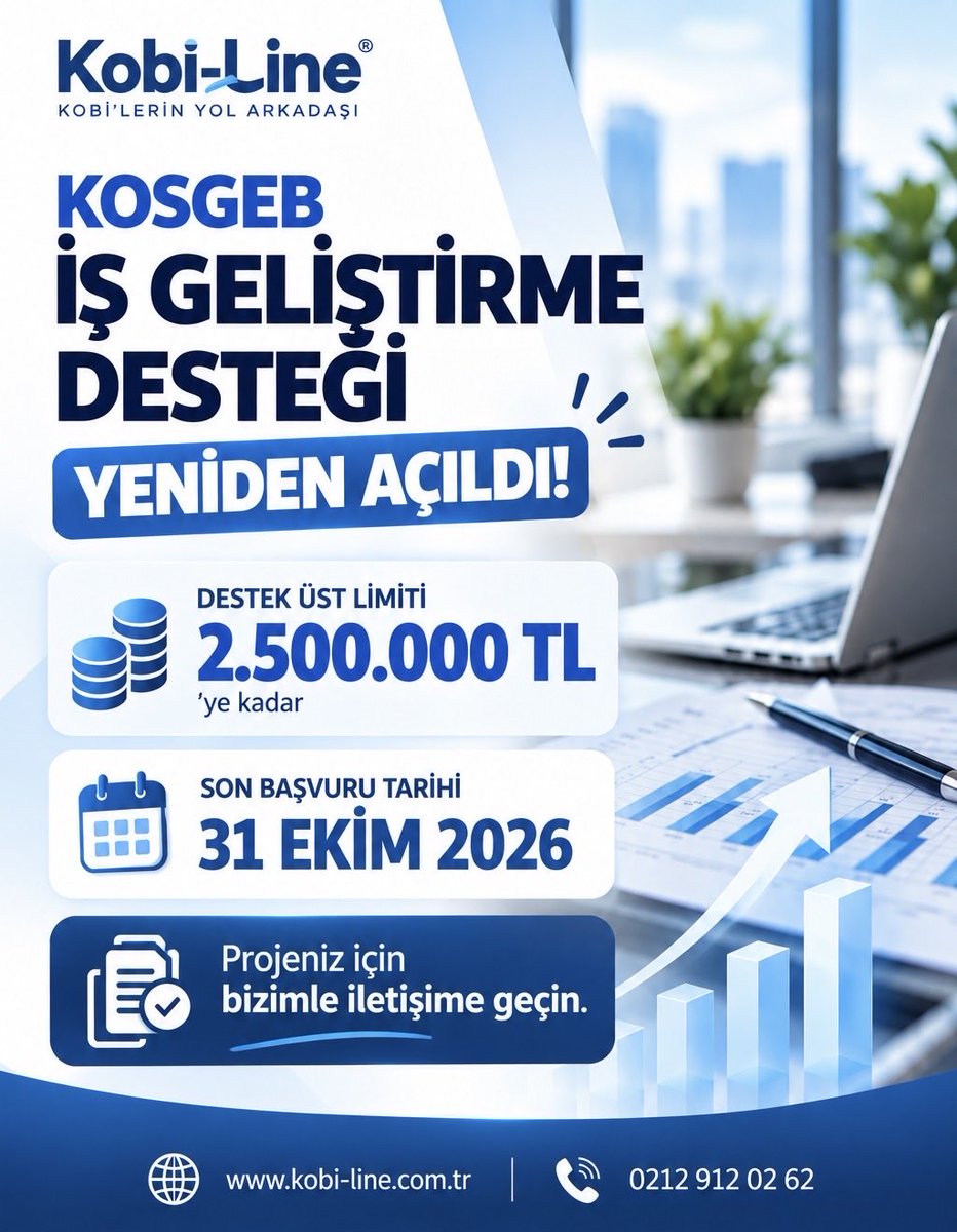 KobiLine's tweet photo. 🚀 KOSGEB İŞ GELİŞTİRME DESTEĞİ YENİDEN AÇILDI!

💰 2.500.000 TL’ye kadar destek fırsatı!
📅 Son Başvuru: 31 Ekim 2026

İşletmenizi büyütmek, yeni yatırımlar yapmak ve projelerinizi hayata geçirmek için destek fırsatlarını değerlendirin!

✅ Proje geliştirme ve hazırlık
✅ Destek programına uygunluk analizi
✅ Profesyonel başvuru danışmanlığı

🎯 Doğru proje, doğru planlama, güçlü bir gelecek!

Başvuru sürecinizi son güne bırakmayın!

Kobi-Line olarak projelerinizin hazırlanmasından başvuru sürecine kadar yanınızdayız.

📞 0212 912 02 62
🌐 https://t.co/HpZKU93BpK

💙 Kobi-Line | KOBİ’lerin Yol Arkadaşı

#KOSGEB #İşGeliştirmeDesteği #KobiLine #KOBİDestekleri #DevletDestekleri #Girişimcilik #ProjeDanışmanlığı #YatırımDestekleri #KOBİ #İşGeliştirme