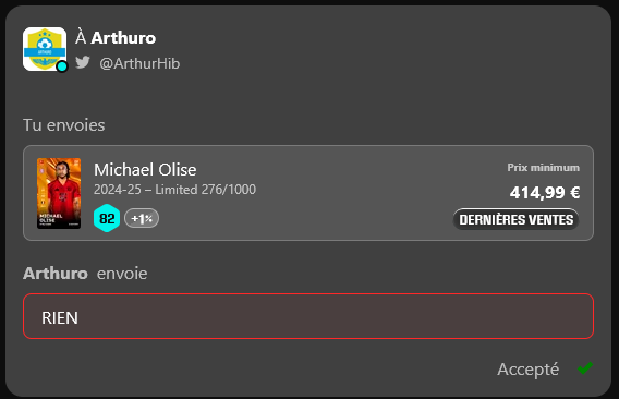 packfeverTCG's tweet photo. 🚨 HERE WE GO AGAIN! 🚨

Michael Olise BIG4 claim on Packfever

@ArthurHib pulled Michael Olise (Bayern Munich 🇩🇪) T0 Classic in-game
→ 4/4 duel wins to unlock the claim 💪
→ real Sorare card now delivered to the player's wallet 🔴⚪

The bridge works.

Done deal.

#Packfever https://t.co/C9nJWkpbmH