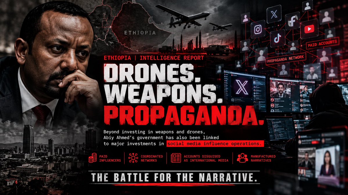 TinsaeMON's tweet photo. ETHIOPIA | INTELLIGENCE REPORT — INFORMATION WARFARE

DRONES. WEAPONS. PROPAGANDA.

Beyond military spending, @AbiyAhmedAli ’s government has also been linked to investments in organised social media influence operations.

Reports describe paid activists, coordinated propaganda networks and accounts masquerading as independent news outlets.

The objective: dominate the information battlefield and manufacture the appearance of victory.

But controlling the narrative is not the same as controlling the battlefield.

PROPAGANDA IS NOT INTELLIGENCE.

#Ethiopia #InformationWarfare #ENDF