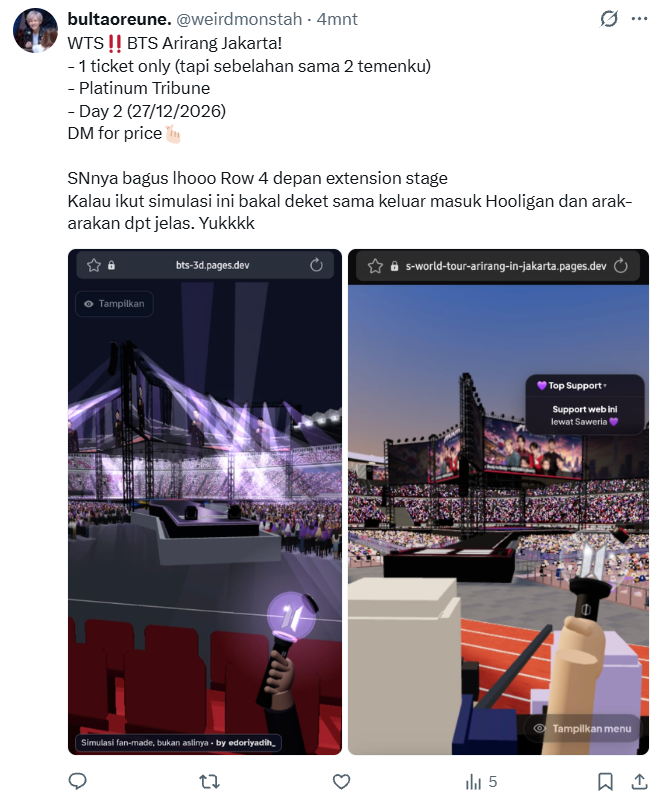 weirdmonstah's tweet photo. @JungkookieLy17 lesgooo kak ada 1 tix aja, asik dpn extension stage. dm ya kakk https://t.co/N6R7XWlDUn