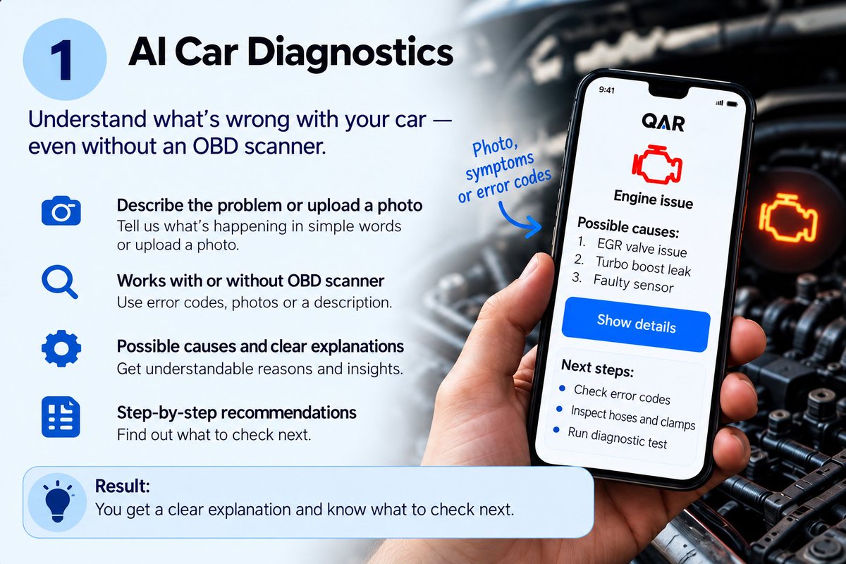 QARAutomotive's tweet photo. 🚗 We're building QAR to make car ownership and repairs easier.
🔧 AI diagnostics
💰 Repair cost estimates
🛠️ Trusted garages
📋 Vehicle history
⚙️ Parts comparison
🤖 AI repair advice
Which ONE feature would you want first, and why?
👇 Your opinion matters!
#QAR #Automotive https://t.co/83AOMunw1s