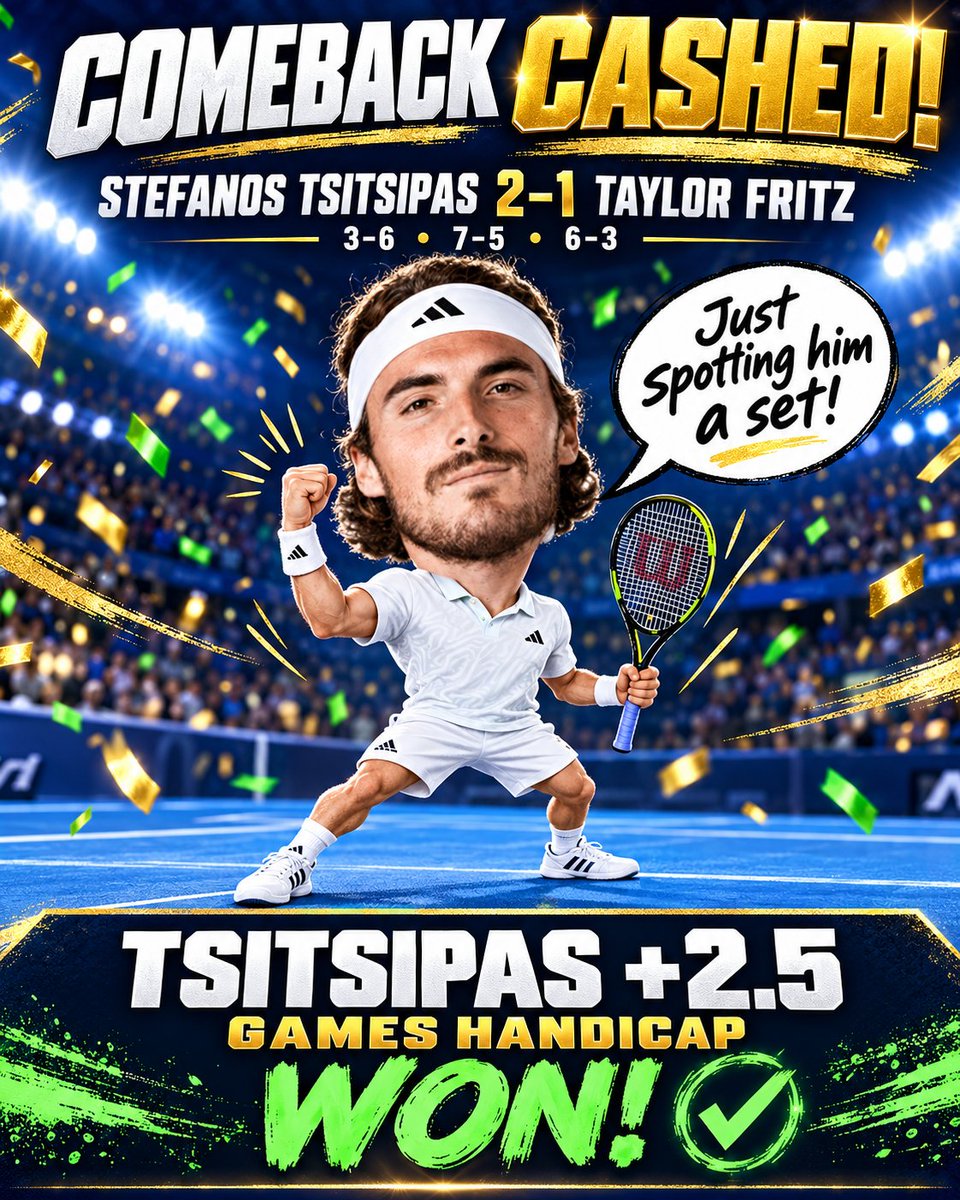 JSimIsHere's tweet photo. 🎾Tsitsipas +2.5 Games HDP✅💰
Stefanos Tsitsipas came from 1 down to beat Taylor Fritz 3-6, 7-5, 6-3!
#TsitsipasFritz #ShanghaiMasters #ATP #ATPShanghai
#Tennis #TennisBets #TennisPicks
#BettingCommunity #BettingTips #MatchPredictions #SportsGambling #GamblingX https://t.co/NTbZRZU553