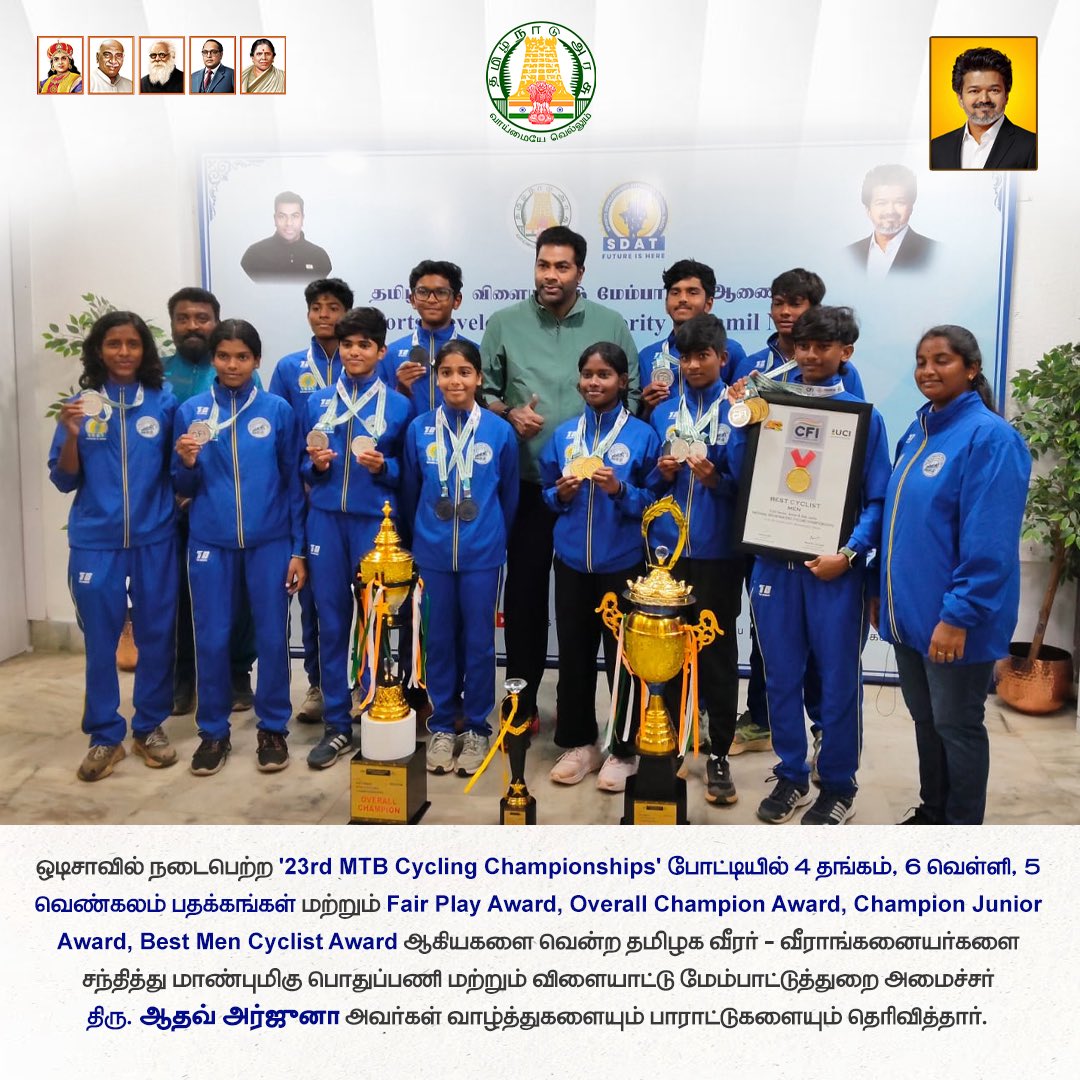 OfficeOfAadhav's tweet photo. ஒடிசாவில் நடைபெற்ற '23rd MTB Cycling Championships' போட்டியில் 4 தங்கம், 6 வெள்ளி, 5 வெண்கலம் பதக்கங்கள் மற்றும் Fair Play Award, Overall Champion Award, Champion Junior Award, Best Men Cyclist Award ஆகியகளை வென்ற தமிழக வீரர் - வீராங்கனையர்களை சந்தித்து மாண்புமிகு பொதுப்பணி மற்றும் விளையாட்டு மேம்பாட்டுத்துறை அமைச்சர் திரு. @AadhavArjuna அவர்கள் வாழ்த்துகளையும் பாராட்டுகளையும் தெரிவித்தார்.