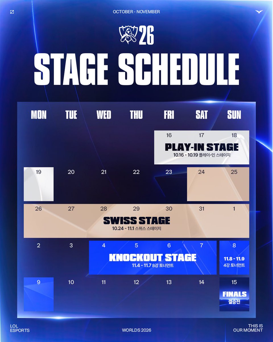 LCK's tweet photo. [Worlds 2026] Stage Schedule

The journey to the World Championship begins! 🔥

From October 16 to November 15,check out the full schedule for the 2026 World Championship,from Play-In to the Grand Final! 👀

#Worlds2026 #LCK #ThisIsOurMoment https://t.co/acUWC968wN