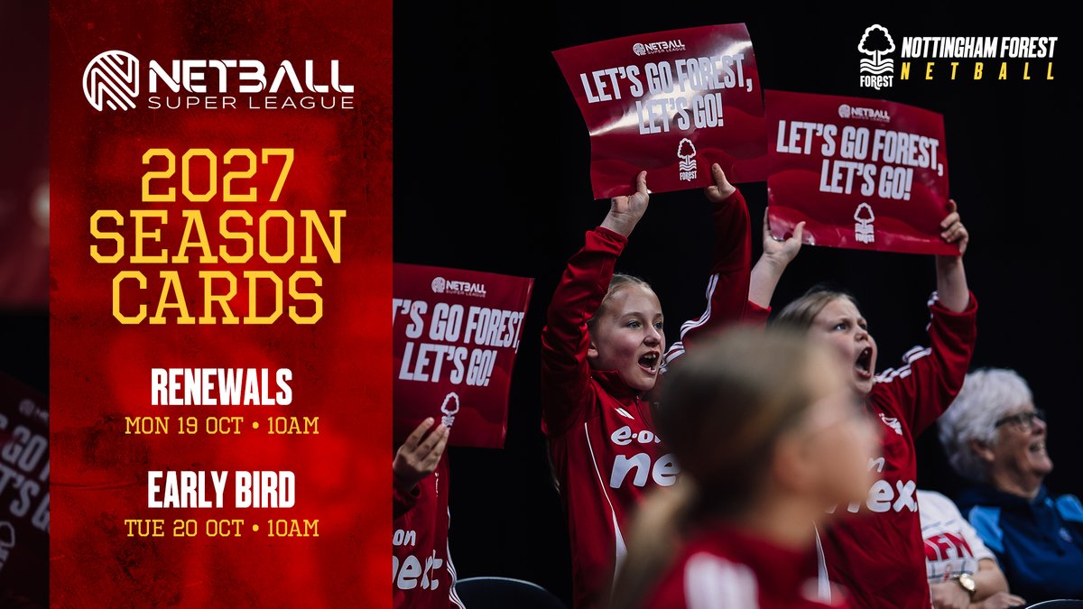 NFNetball's tweet photo. 2027 Season Ticket sale dates are HERE! 🌳

🔴 Renewals open Mon 19 Oct 10am
🔴 Early Bird sales open Tues 20 Oct 10am
🔴 Renewals close Mon 9 Nov 10am

Keep updated 📩https://t.co/uGJmQ9BtvC https://t.co/UZKnR2C6T2