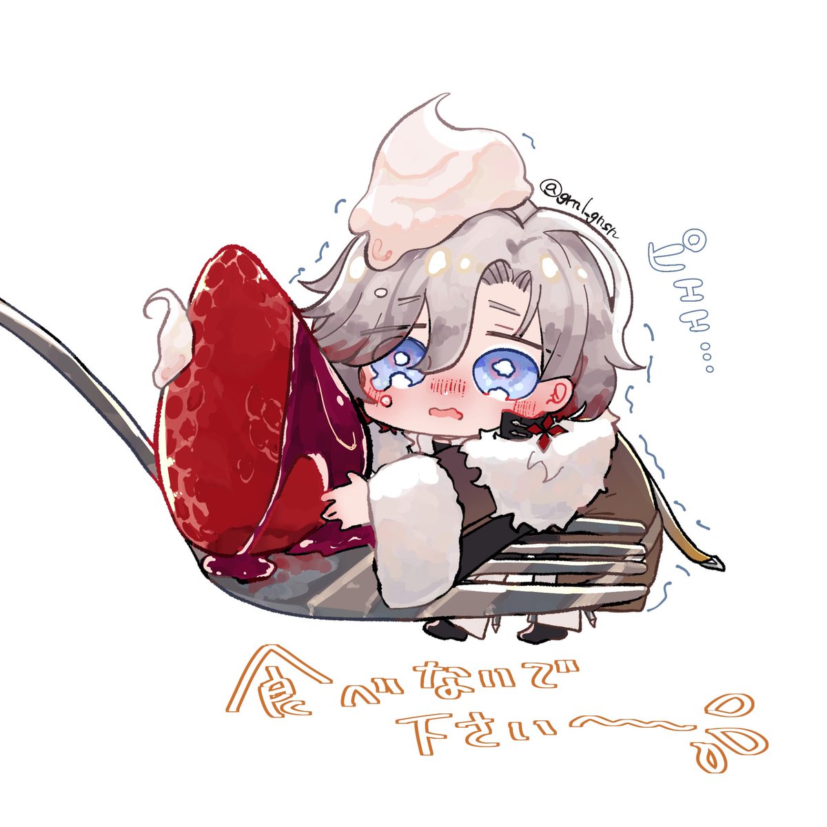 grnl_gnsn's tweet photo. 差し入れにﾍﾟしたイラスト、左の絵に対して僕を食べないで……してるﾁｬﾏｰのデフォルメだったんですけど、
差し入れ渡した相互に｢あ、このイチゴを取られたくなくて泣いちゃったんですね♡｣て言われて美しくかわいい考察に泣いてしまった(情緒不安) https://t.co/SeOLNLQcO2