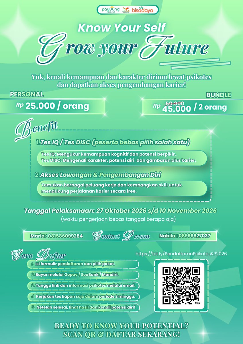 lalipuyy's tweet photo. Bingung soal potensi diri dan arah karier? Yuk, ikutan psikotes! 🧠
🎯 Tes IQ/DISC
💼 Akses lowongan pekerjaan
💸 Rp25K/orang | Rp45K berdua
📅 27 Okt – 10 Nov 2026
🔗 Daftar: https://t.co/IcKjKfeVee
📞 Nabila: 08999827037
📞 Maria: 081586099284
#TesIQ #TesDISC #InfoPsikotes https://t.co/2vmzR1CGRy