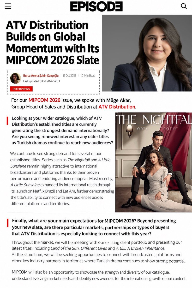 Giusygambino87's tweet photo. MIPCOM 2026 a Cannes, Müge Akar di ATV Distribution ha evidenziato il forte interesse internazionale per la serie turca #BirGeceMasalı (#TheNightfall ), che continua ad attrarre emittenti e piattaforme grazie al suo successo comprovato. 👏🏼👏🏼👏🏼
#BurakDeniz #SuBurcuYazgıCoşkun https://t.co/kVZe5YfBa5