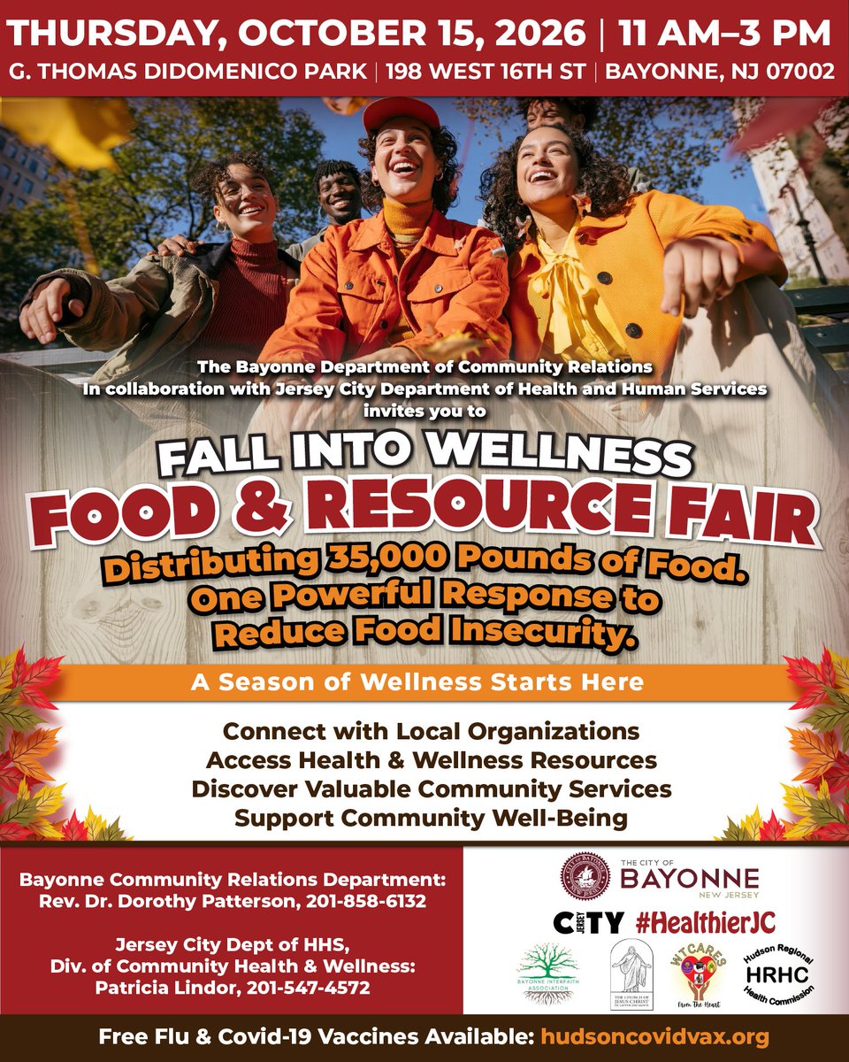 HealthierJC's tweet photo. 🍂 Fall Into Wellness Food &amp; Resource Fair!

Bayonne &amp; Jersey City HHS are partnering to distribute 35,000 pounds of food to area residents.

📅 Oct. 15, 2026 | 11 AM–3 PM
📍 G. Thomas DiDomenico Park, 198 W. 16th St., Bayonne

#JerseyCity #Bayonne https://t.co/TKquhFaGLa