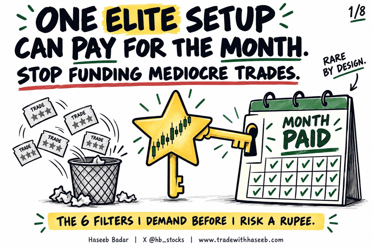 hb_stocks's tweet photo. One elite setup can pay for the entire month.

Yet traders keep funding mediocre trades that slowly bleed their accounts.

Before I risk a single rupee, the stock must pass these 6 filters 👇 https://t.co/sTGZK973Gz