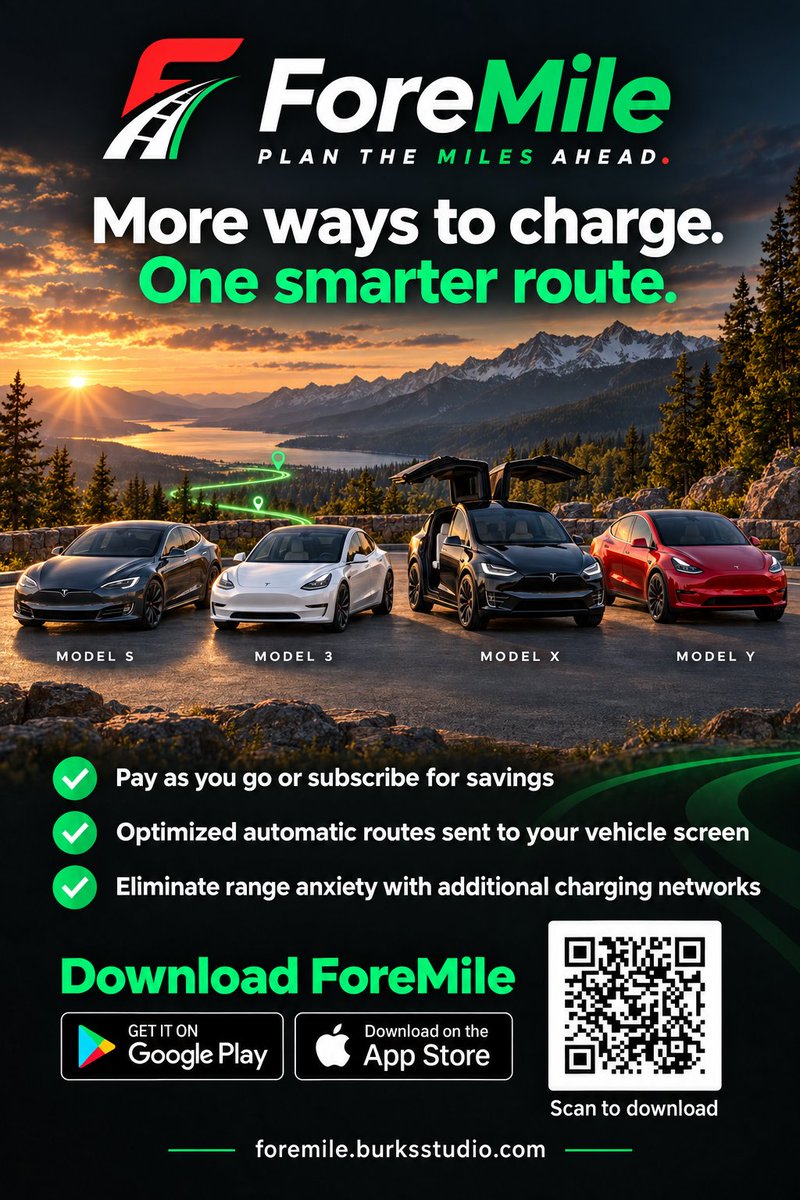 ForeMileLLC's tweet photo. I am seeing a lot of new Tesla owners and existing ones having issues with charging stops being crowded due to non Tesla vehicles taking spots, range anxiety on the highway, and general questions about charging and speeds. 

I am a current S3XY club owner (yes own all 4 currently) (8 total teslas through the years] and am a Data Engineer. I developed an app called ForeMile: Plan for the Miles Ahead that does what Tesla wont. 

1. It AUTOMATICALLY sends complete routes and stops to your Tesla Screen.

2. Let's you choose the 3rd party chargers you want included in calculations (Ionna, evgo, electrify america, Mercedes, etc) - Requires CCS1 adapter which you can get through the website on discount from Lectron..no more manual look up.

3. Includes nearest back up charger as a part of route in case you encounter station issues

4. Includes level 2 charger search, pricing, contact information near your destination to help woth selecting hotels, restaurants, or places to hang out

5. Takes into account battery health, driving profile, weather, terrain, and traffic to accurately predict SOC, charging times, and shows trip time estimates in the local time of arrival (Tesla doesnt do this)

6. Comes with free trial (no automatic subscription  after trial) and has pay as you go options per route as well. 

7. Eliminates range anxiety by giving you charging options you dont know exist. Its better to know you can use an Electrify America charger 10 miles from your destination versus a supercharger that is 50 miles from it. In that scenario you are worried about how much energy you use while there hoping you have enough to make it the 50 miles back out on the way home. Be efficient. Be Secure. 

Encourage everyone to check it out and maybe we can reduce the stresses I keep seeing.