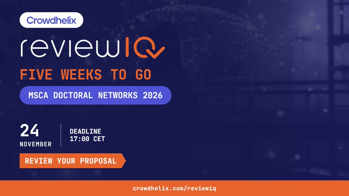 Crowdhelix's tweet photo. 📝 #MSCA Doctoral Networks 2026 closes 24 Nov, 17:00 CET - just over 5 weeks away. 

Get a structured ReviewIQ check on your consortium &amp; training plan sections before you submit. https://t.co/G8tFlnClFb 

#MSCA #ReviewIQ https://t.co/wTJKBQJ7Jt