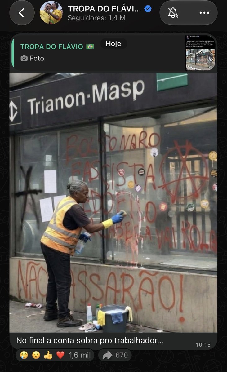 SoojinBrasil_'s tweet photo. 🚨 Canal no WhatsApp de Flávio Bolsonaro está usando Fake News e imagens geradas por IA para deslegitimar o protesto realizado ontem no MASP. Não iremos tolerar Fake News!

Entrem no canal e denunciem! Mandarei o link na dm para não ajudar a divulgar ainda mais o canal https://t.co/gozuI6C3nd