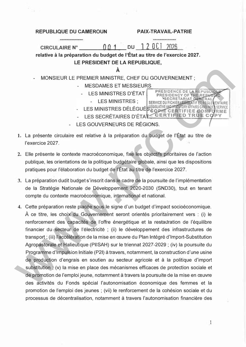 PR_Paul_BIYA's tweet photo. Circulaire relative à la préparation du budget de l’Etat au titre de l’exercice 2027

#PaulBiya
#Cameroun
1/6 https://t.co/Tq0ihzext2