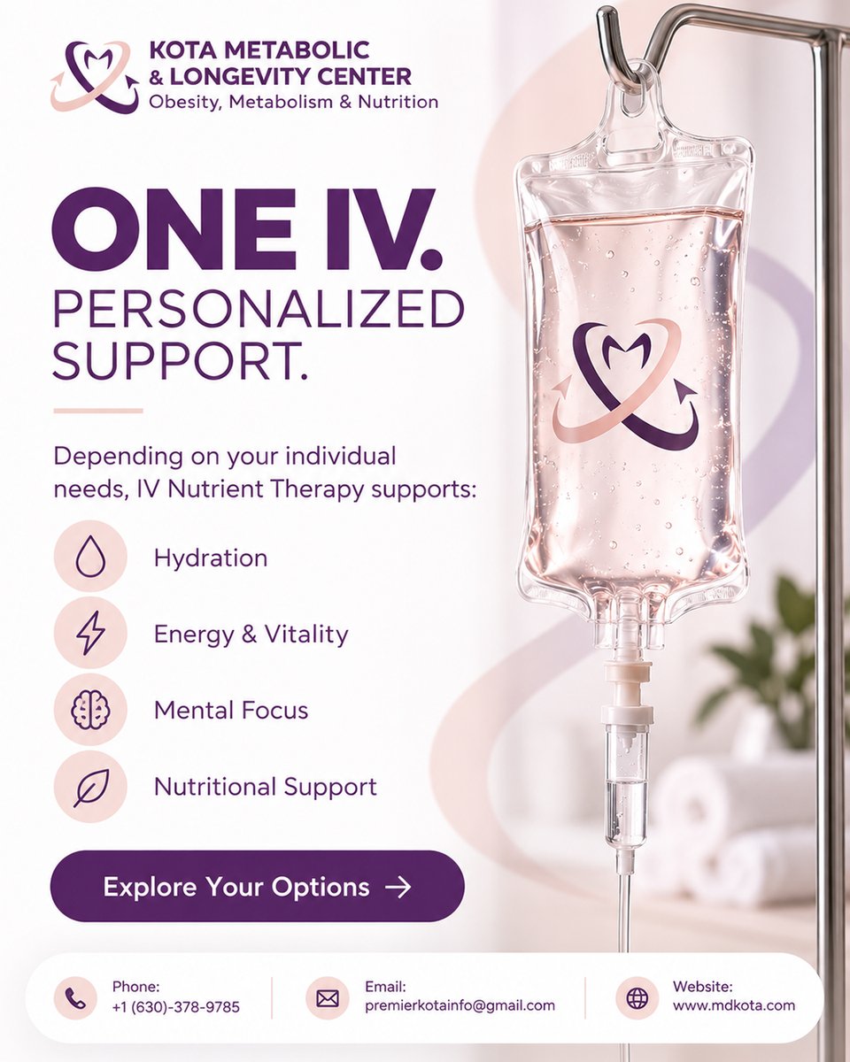 Premier_MDKota's tweet photo. There’s no one-size-fits-all approach to wellness.
Depending on your needs, #IVNutrientTherapy may provide #HydrationSupport, energy, vitality, and #NutritionalSupport
More info: https://t.co/GXEwfHkQX9
#IVTherapy #EnergyAndVitality #PersonalizedCare #Chicago #KotaMetabolic https://t.co/H6f9mNngUQ