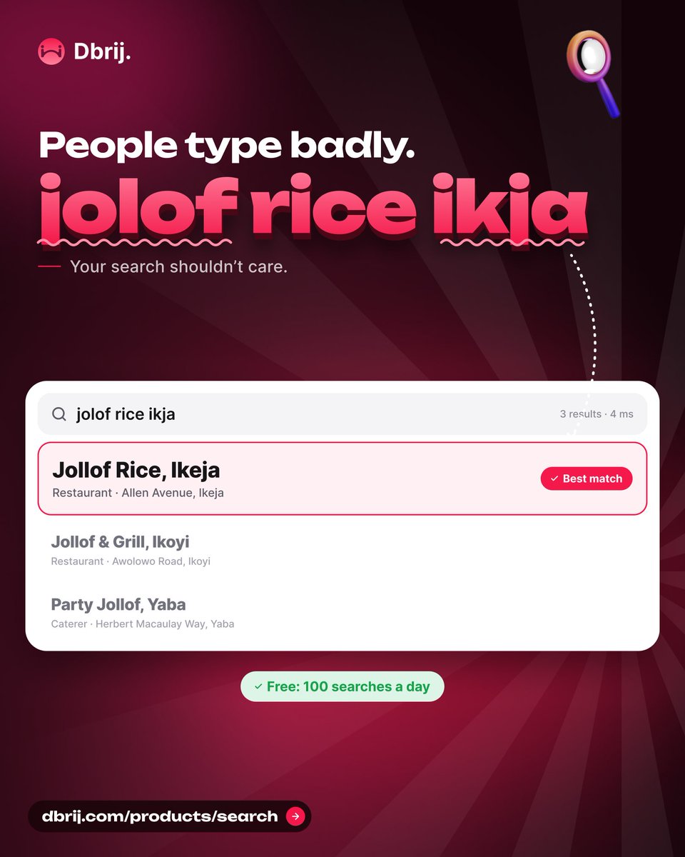 Dbriij's tweet photo. People don’t search perfectly they type fast, make typos and leave words unfinished.
Dbrij Search is built for that. It handles typos, missing spaces, partial words and searches across multiple fields to find the right result. https://t.co/ZbfaMTyZoI