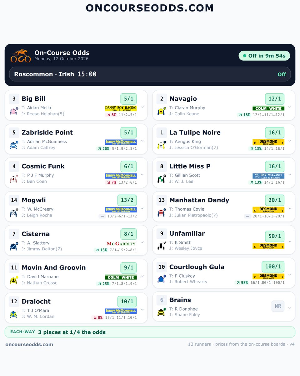 Oncourseodds's tweet photo. The bookmakers are up for the 15:00 at Roscommon 👇 Scan the QR code for the best on-course prices. #DannyBoy @mcdonnell1260 @inpbaoc @RoscommonRaces #HorseRacing #IrishRacing https://t.co/JFO9JRqJdw