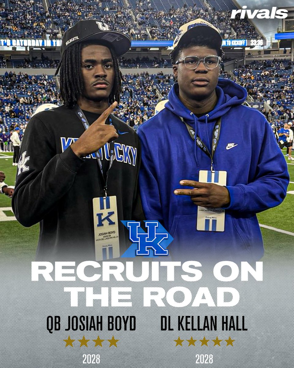 Rivals's tweet photo. NEW: Elite QB Josiah Boyd and 5-star DL Kellan Hall on their visit to Kentucky😼

"Kentucky-LSU was truly one of the best games I’ve ever attended, and it’s definitely a memory I’ll always have."

Read: https://t.co/SBTFD1CMup https://t.co/KqrhqjudkS