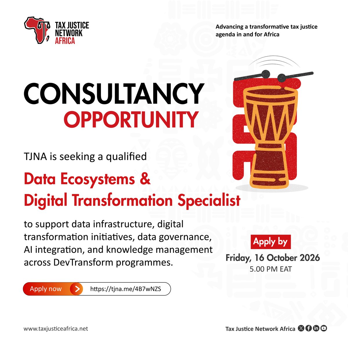TaxJusticeAfric's tweet photo. 📢 𝐂𝐨𝐧𝐬𝐮𝐥𝐭𝐚𝐧𝐜𝐲 𝐨𝐩𝐩𝐨𝐫𝐭𝐮𝐧𝐢𝐭𝐲

TJNA is seeking a qualified Data Ecosystems & Digital Transformation Specialist to support the design and implementation of data infrastructure, digital transformation initiatives, data governance frameworks, AI integration, and knowledge management systems across DevTransform programmes.

Are you experienced in data systems, digital innovation, and information management? Do you have a passion for leveraging technology to strengthen organisational effectiveness and impact? We invite you to apply!

Apply now: https://t.co/VVxmquikKG

#TaxJusticeAfrica

Like, comment, share