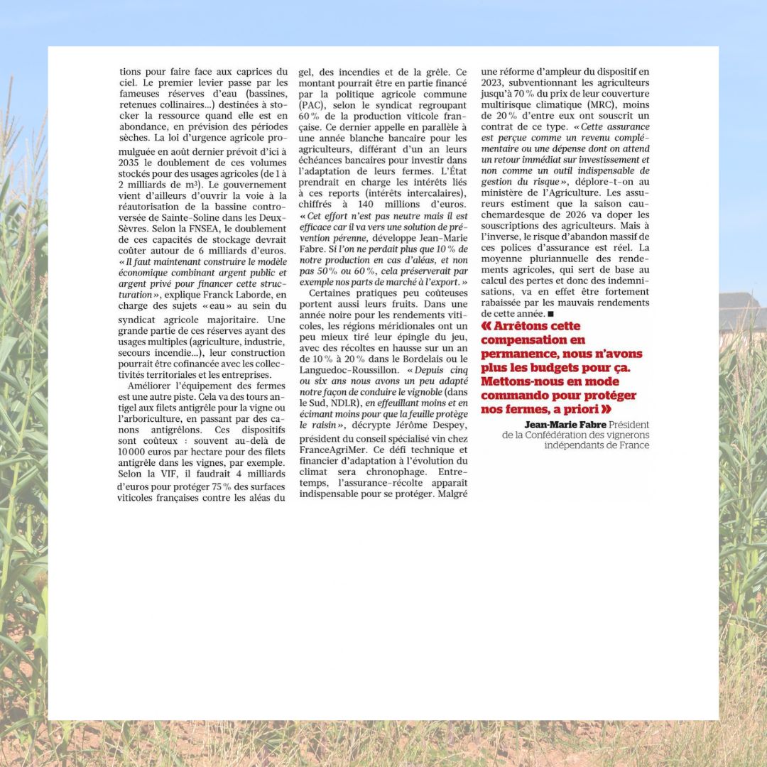 Laborde_Franck's tweet photo. En première ligne, les agriculteurs sont les premiers témoins et les premières victimes du dérèglement climatique. L'état de nos récoltes l'illustre parfaitement : pour le maïs, près de la moitié de la production est aujourd'hui menacée ou perdue pour la campagne 2026. Face à cette situation, l'agriculture n’a pas d'autre issue : elle devra être accompagnée par la puissance publique et politique pour en permettre l'adaptation urgente et en garantir la pérennité. 
 
C’est le message fort que j'ai défendu dans les colonnes du Figaro. Pour sauver nos cultures, nous devons impérativement moderniser nos outils de production et développer l’irrigation agricole.
 
Concrètement, cela passe par la construction de réserves d'eau : stocker le surplus hivernal pour préserver la ressource et éviter les prélèvements en période de tension hydrique, c'est le sens de la loi d'urgence agricole que nous avons défendue et qui a été adoptée à l'été.
 
Mais pour concrétiser le projet de doublement des volumes d'eau stockés d'ici à 2035 contenu dans la loi, acteurs publics et privés devront unir leurs forces pour bâtir un modèle structurellement viable. Véritables ouvrages d'intérêt général, ces infrastructures sont indispensables tant à l'agriculture qu'à l'ensemble des acteurs économiques de nos territoires.
 
Le défi climatique est immense, mais nos solutions le sont tout autant ! Les agriculteurs ne doivent pas être délaissés face au changement climatique, l’adaptation de notre agriculture est l’affaire de tous !
 
#Agriculture #Eau #Stockage