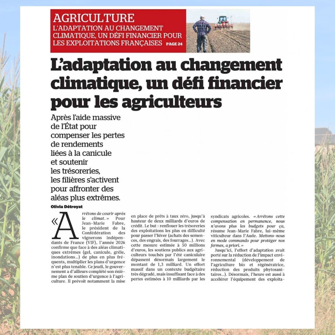 Laborde_Franck's tweet photo. En première ligne, les agriculteurs sont les premiers témoins et les premières victimes du dérèglement climatique. L'état de nos récoltes l'illustre parfaitement : pour le maïs, près de la moitié de la production est aujourd'hui menacée ou perdue pour la campagne 2026. Face à cette situation, l'agriculture n’a pas d'autre issue : elle devra être accompagnée par la puissance publique et politique pour en permettre l'adaptation urgente et en garantir la pérennité. 
 
C’est le message fort que j'ai défendu dans les colonnes du Figaro. Pour sauver nos cultures, nous devons impérativement moderniser nos outils de production et développer l’irrigation agricole.
 
Concrètement, cela passe par la construction de réserves d'eau : stocker le surplus hivernal pour préserver la ressource et éviter les prélèvements en période de tension hydrique, c'est le sens de la loi d'urgence agricole que nous avons défendue et qui a été adoptée à l'été.
 
Mais pour concrétiser le projet de doublement des volumes d'eau stockés d'ici à 2035 contenu dans la loi, acteurs publics et privés devront unir leurs forces pour bâtir un modèle structurellement viable. Véritables ouvrages d'intérêt général, ces infrastructures sont indispensables tant à l'agriculture qu'à l'ensemble des acteurs économiques de nos territoires.
 
Le défi climatique est immense, mais nos solutions le sont tout autant ! Les agriculteurs ne doivent pas être délaissés face au changement climatique, l’adaptation de notre agriculture est l’affaire de tous !
 
#Agriculture #Eau #Stockage