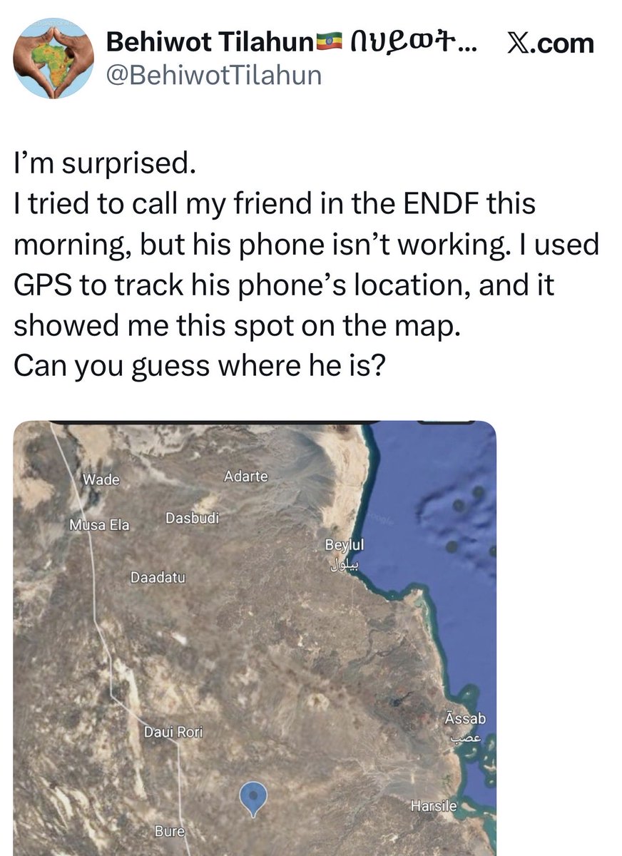 Nathan0nx's tweet photo. If this is the brightest the regime has to offer, I genuinely feel bad for #Ethiopia. Led by people who brag about technology but can't explain how a "not working" phone is being tracked by GPS. Embarrassing.
#eritrea https://t.co/3DdwwjknS1