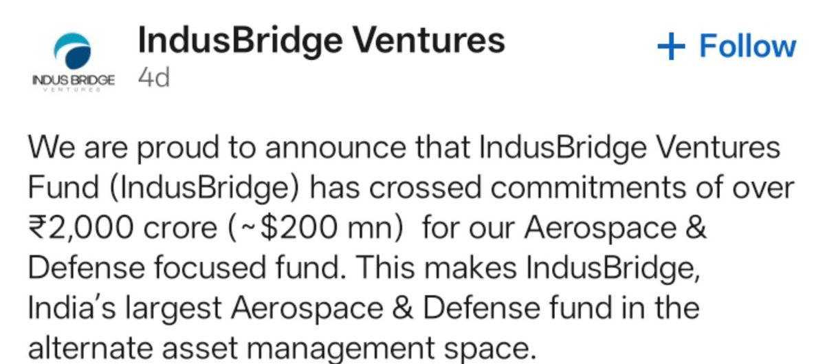 TheIndUSTech's tweet photo. 🇮🇳 | Defense & Aerospace Business Updates

• IndusBridge Ventures Fund: Secured over approx $200 million in commitments for a fund focused on defence, aerospace, space technology, and dual-use technologies.

• #Astrome : Won the Indian Army and DIO’s #iDEX DISC 14 Challenge to develop a man-portable ELINT/ESM system for electronic warfare and threat detection in high-altitude and forward-border environments.

• IG Defence: Preparing the maiden experimental trial of JWALA, a privately developed micro-missile designed to intercept drones and other aerial threats at a stated range of 2–5 km, following successful solid rocket motor tests.

• Boeing: Inaugurated a STEM lab and aeromodeling training center at The Kosala School in Bargarh, Odisha, under its Sukanya Program.

#IndiaDefence #Aerospace #DefenceIndustry #IndiaUS