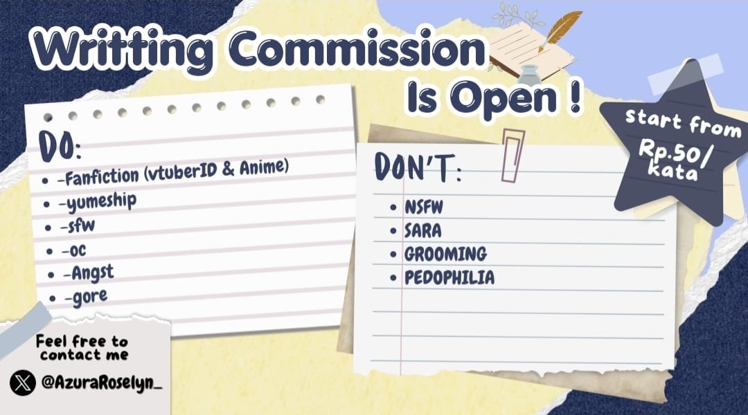 AzuraRoselyn_'s tweet photo. (Repost, tadi salah comsheet 🥲🙏)

❤️&amp;🔁 ARE APPERECIATED!

Hai hai haloo, aku open writting commission nih! Boleh banget mampir kalo minat! 

#zonauang #commissionㅤ https://t.co/9qOW5IFzZy