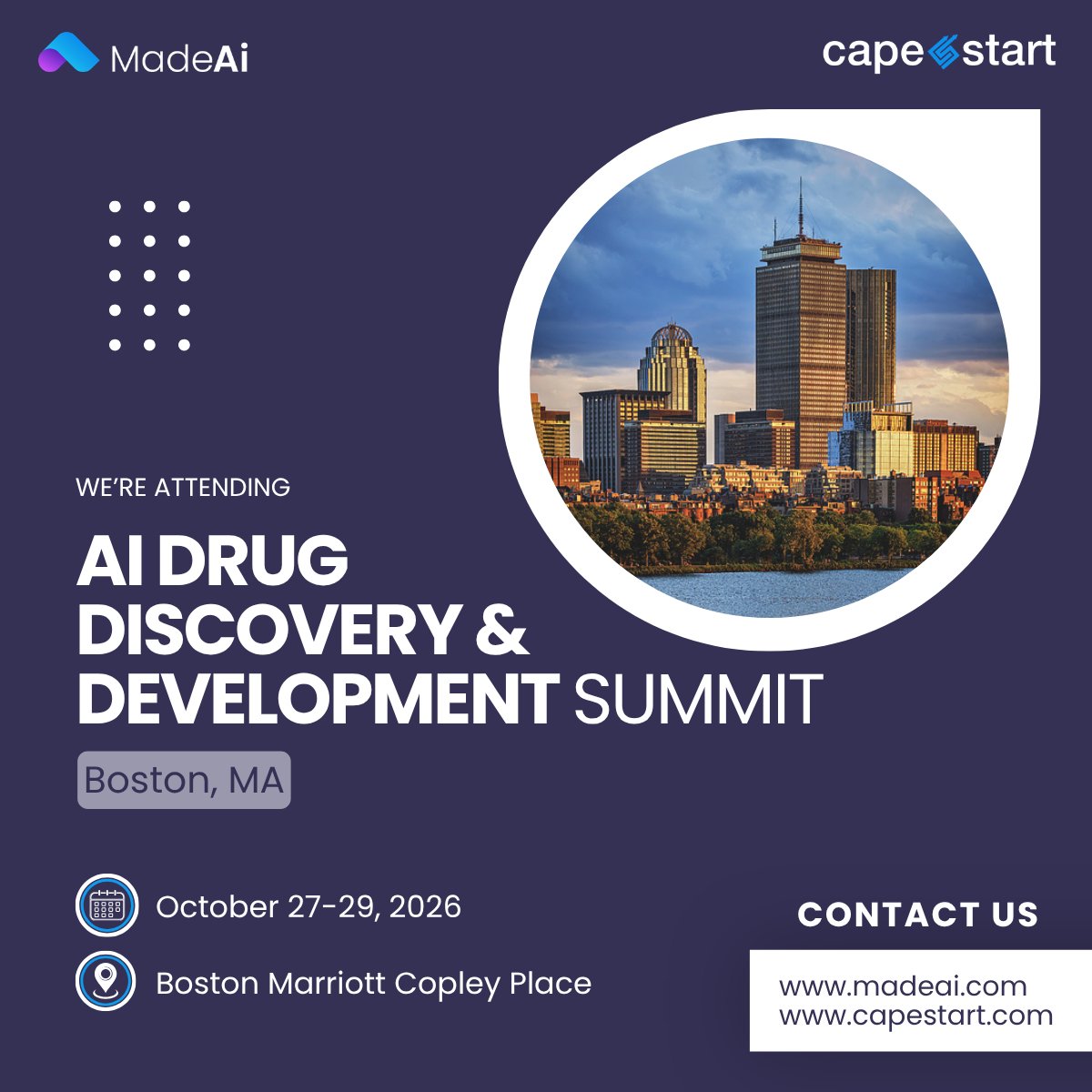 MadeAi_Platform's tweet photo. MadeAi is heading to Boston for the AI Drug Discovery &amp; Development Summit 2026!

Looking forward to connecting with industry leaders and exploring AI's role in evidence generation and drug development.

📅 Oct 27–29 | 📍 Boston, MA
#AIDrugDiscovery #MadeAi #LifeSciences https://t.co/SUuZbvw5rv
