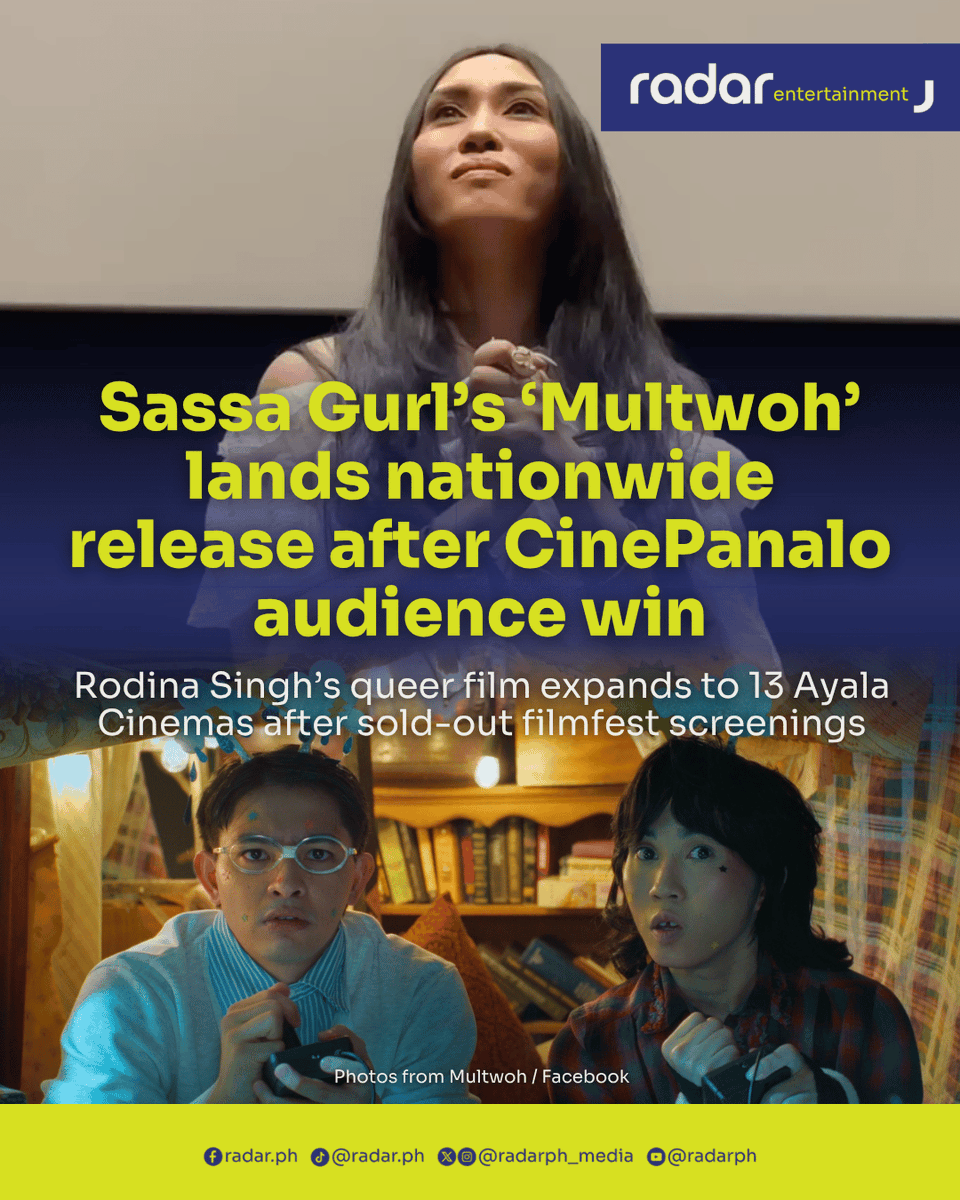 radarph_media's tweet photo. “Dahil sa inyo ‘to. Lahat kayo sumuporta!”

Sassa Gurl had reason to celebrate after announcing that “Multwoh (Patay na Patay Sa’yo),” the film she leads, will screen nationwide at Ayala Cinemas starting Oct. 21.

“Gusto ko muna pasalamatan lahat, ang promo team. Thank you so much sa pagsama sa akin all the time sa mga ganap. Never kayong napagod,” she said during a recent screening. A video of her announcement was also posted on the film’s social media accounts.

“Nakakuha ako ng magandang balita, ngayon lang. Oh my God! Magne-nationwide tayo! Nakakaloka kayo,” she added.

Directed by Rodina Singh, ‘“Multwoh” earned the audience’s choice recognition among seven full-length films that competed at the recent Puregold CinePanalo festival. Its screenings drew audiences, with sold-out shows reported in Metro Manila.

The film also won four awards at the festival’s annual awards night: Always Panalo, Panalo sa mga Manonood, Panalo sa Production Design, and Panalo sa Brand Intrusion.

Its upcoming theatrical run will extend beyond Metro Manila, with screenings scheduled in Cebu and Cagayan de Oro, among other locations.

The film’s reception reflects the appeal of its lead star, whose online following helped draw attention to the project, as well as a promotional campaign that included press interviews, online appearances, and a public stunt in which Sassa Gurl gamely climbed into a coffin to stir curiosity about the film.
But the audience response also raises a larger question about the appetite for queer stories in Philippine cinema.

At the Puregold CinePanalo awards ceremony, Singh said the audience choice award carried particular weight for her as a filmmaker.

“To me as a filmmaker, this [Panalo sa Manonood award] feels the most validating among all the awards for tonight,” she said.

“Sumali po ako sa pagpepelikula na ang tanong sa samin, ‘may manonood ba ng kwentong gusto niyong ikwento?’”

She added that “Multwoh” had surpassed the screenings of her previous films.

“Sa pangatlong pagkakataon, sasabihin ko po na ang “Multwoh” ay nahigitan na ang lahat ng screenings ng una ko pang pelikula at pangalawa.”

The nationwide release will give more moviegoers a chance to see whether the film’s festival following can translate into a wider theatrical audience. Its reception also offers a glimpse into how locally made queer films can find viewers beyond their immediate communities.

“Multwoh (Patay na Patay Sa’yo)” opens at the following Ayala Cinemas on Oct. 21: Glorietta, TriNoma, Market! Market!, Fairview Terraces, Ayala Malls Manila Bay, Ayala Malls Circuit, Ayala Malls Feliz, Ayala Malls Cloverleaf, Ayala Malls Marquee, Ayala Malls Harbor Point, Ayala Malls Center Cebu, Ayala Malls Centrio, and Ayala Malls Central Bloc.

#radarPHEntertainment #radarPH