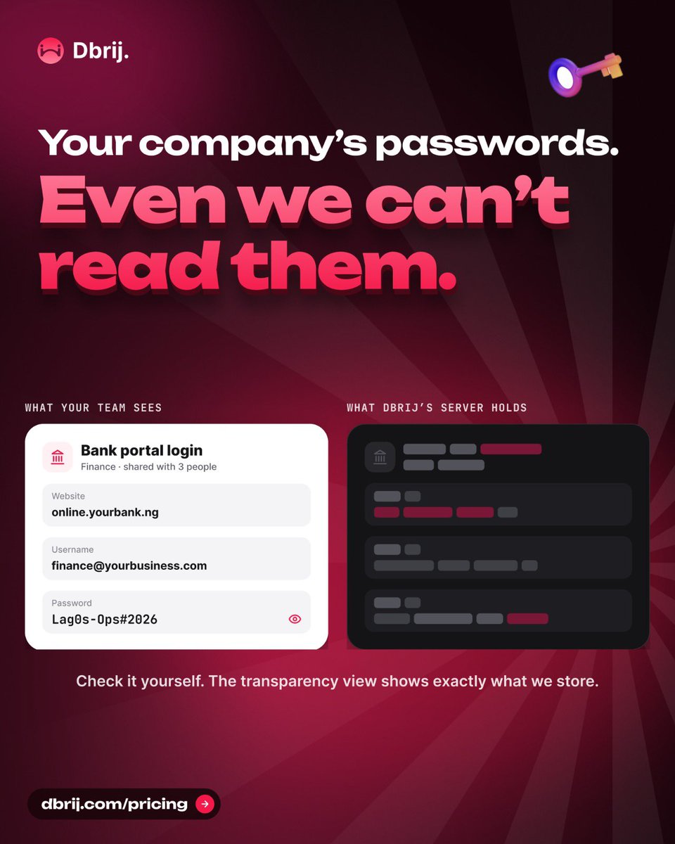 Dbriij's tweet photo. Most teams still share passwords in chats or spreadsheets, where everyone can see them.
Dbrij’s company vault encrypts each secret in your browser before it leaves your device. Only people granted access can open it not even Dbrij can. https://t.co/EmeKxTTSE9
