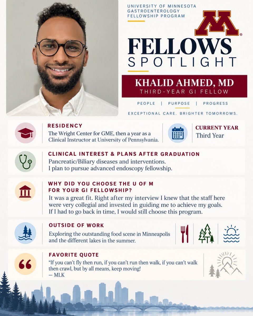 UMNGIFellows's tweet photo. ✨Fellows Spotlight ✨

👋 Meet Khalid, one of our amazing GI fellows at the University of Minnesota! 🩺💙 

🌟 Get to know us a little better—from clinical interests and career goals to life outside the hospital and a few fun facts along the way.

#UMNGIFellows #UMNProud https://t.co/bEOmO0n47D