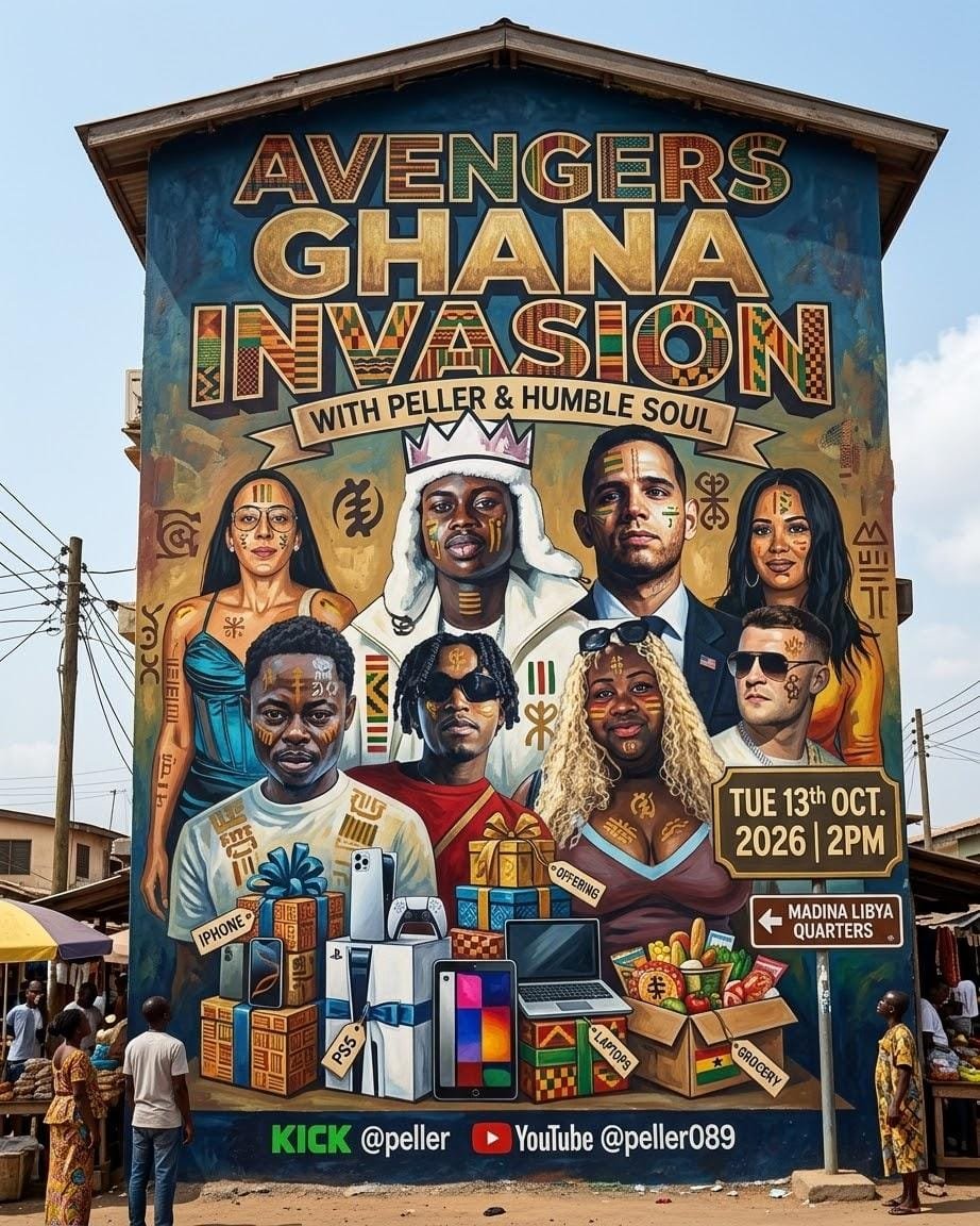 AyinlaAyomide4's tweet photo. Peller and Humble Soul are officially bringing the Avengers Ghana Invasion to town   with a massive, vibrant street-art mural style featuring Peller, Humble Soul, and the crew. Catch all the action live on Tue 13th Oct 2026 at 2 PM at Madina Libya Quarters #peller @Peller089 https://t.co/JO7h4mgBa5