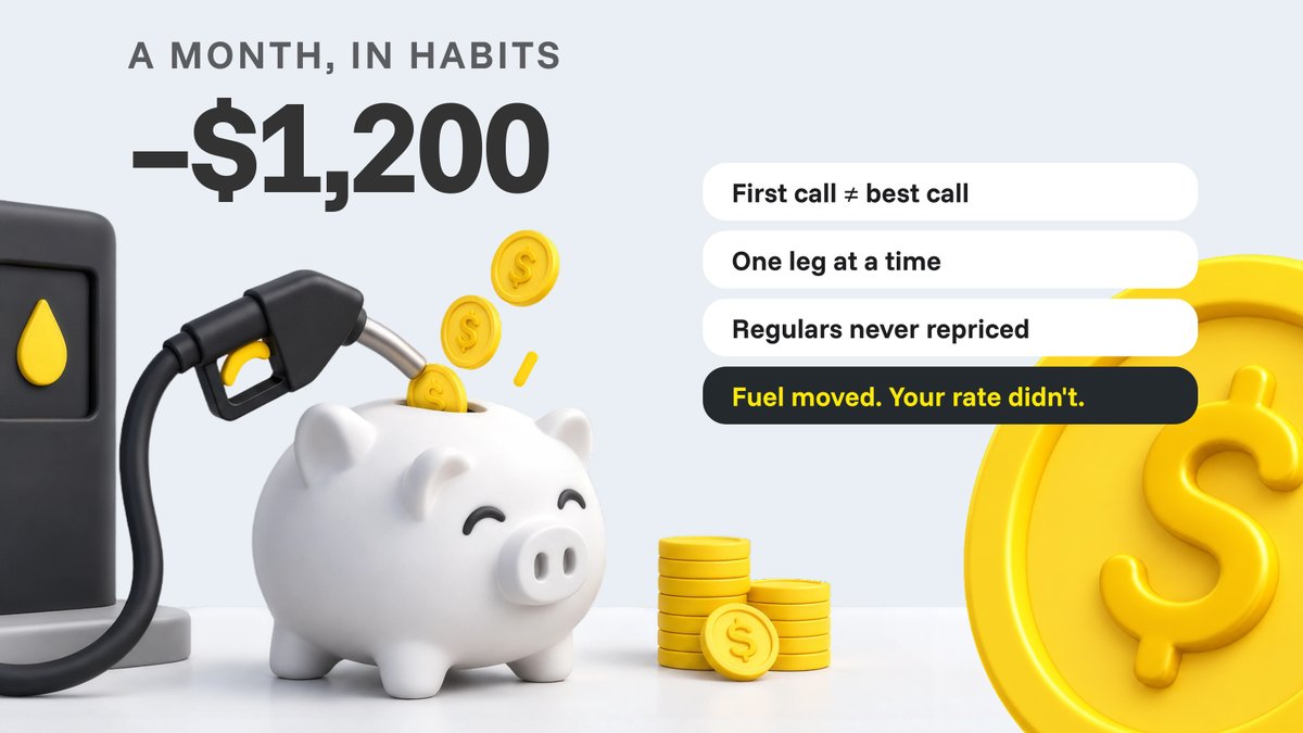 Qrylo_Official's tweet photo. 1/ Four load-board habits that quietly cost you money every month 🧵

2/ Taking the first call instead of the best one. 

3/ Booking one leg at a time. 

4/ Never repricing your regulars. Fuel moved. Your rate didn't. That's not loyalty, that's a discount you 
forgot you gave. https://t.co/vr4imPNHQw