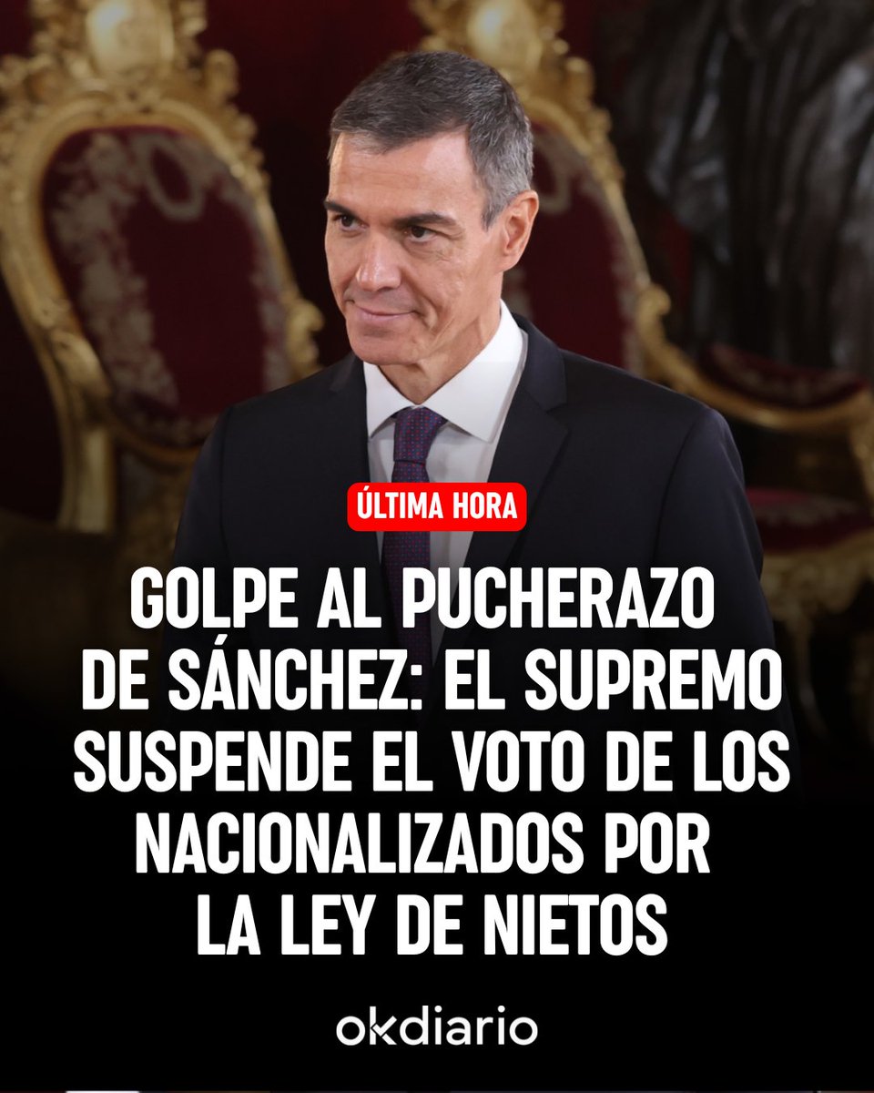 okdiario's tweet photo. 🔴 ÚLTIMA HORA

El Supremo suspende el voto de los nacionalizados por la Ley de Nietos para el 29-N.

📌 https://t.co/sJMPZAvm0T https://t.co/jlxPlYRsFW