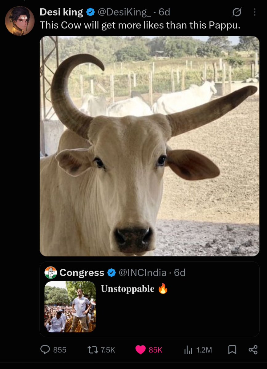 rum_484's tweet photo. Even a Nike horned gaumata gets more likes than Pappu. Seriously, @INCIndia needs to make a donkey their next PM candidate and LOP instead of useless Pappu to atleast win 100+ seats. Otherwise tata, bye bye, gayo... https://t.co/BQc8KVD2Tp