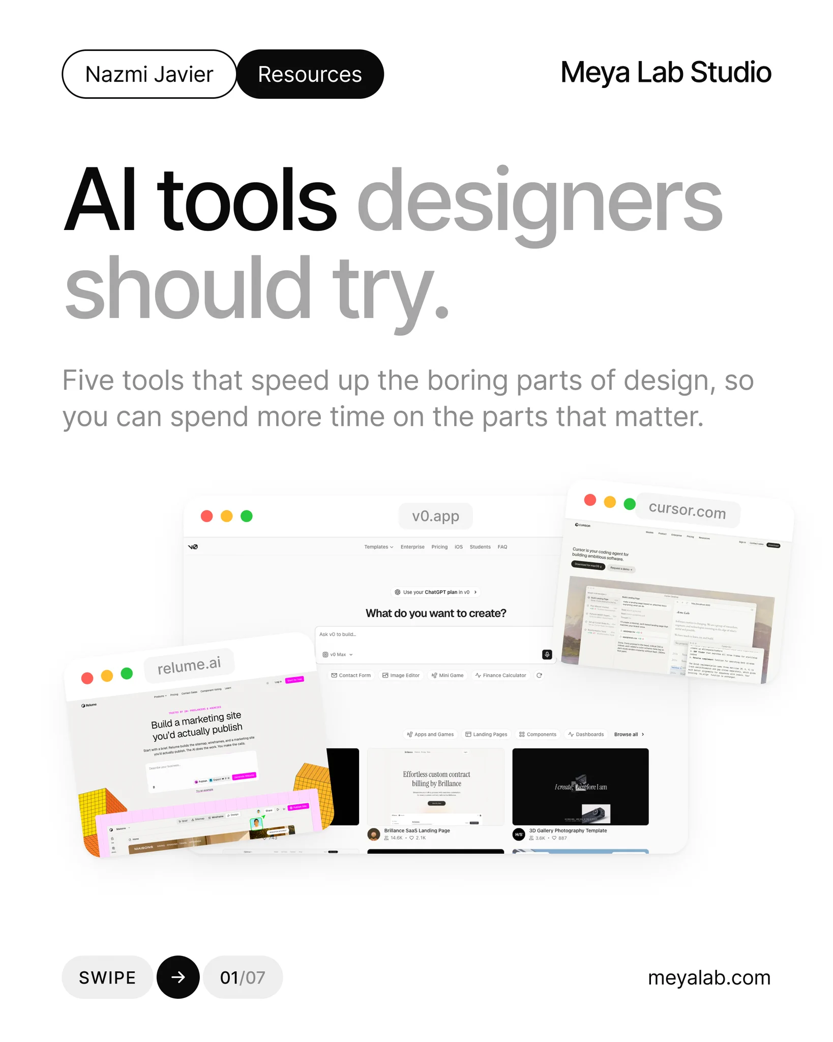 AI 디자인 도구 캐러셀 표지 — 대형 타이포와 브라우저 목업 콜라주