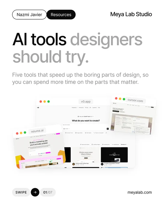AI 디자인 도구 캐러셀 표지 — 대형 타이포와 브라우저 목업 콜라주