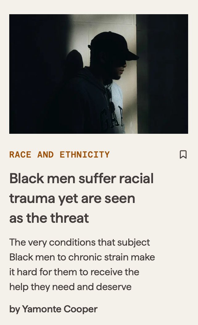 Psych_Writer's tweet photo. Black men suffer racial trauma yet are seen as the threat. New Psyche Idea by Yamonte Cooper. The very conditions that subject Black men to chronic strain make it hard for them to receive the help they need and deserve https://t.co/iEaxqW6xzN https://t.co/RubNxe8vOc