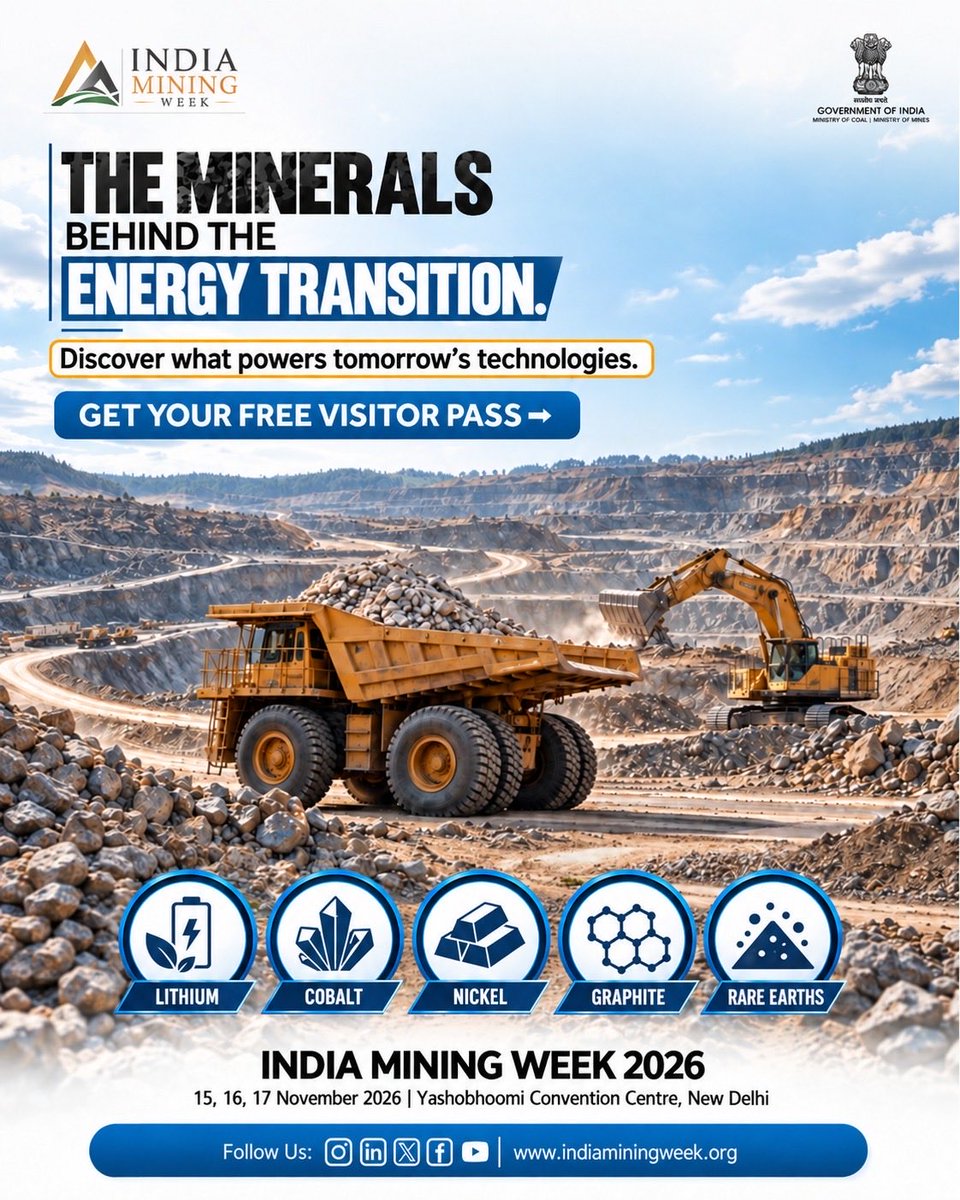 Official_IMW's tweet photo. Discover the minerals powering tomorrow’s energy transition at India Mining Week 2026, 15–17 November, New Delhi. ⛏️
🎟️ Get your free visitor pass!
Visitor Registration: https://t.co/VLhawyTXmt
Delegate Registration: https://t.co/UMaX82D9x1
#IndiaMiningWeek #IMW2026 #CriticalMinerals #Mining #EnergyTransition