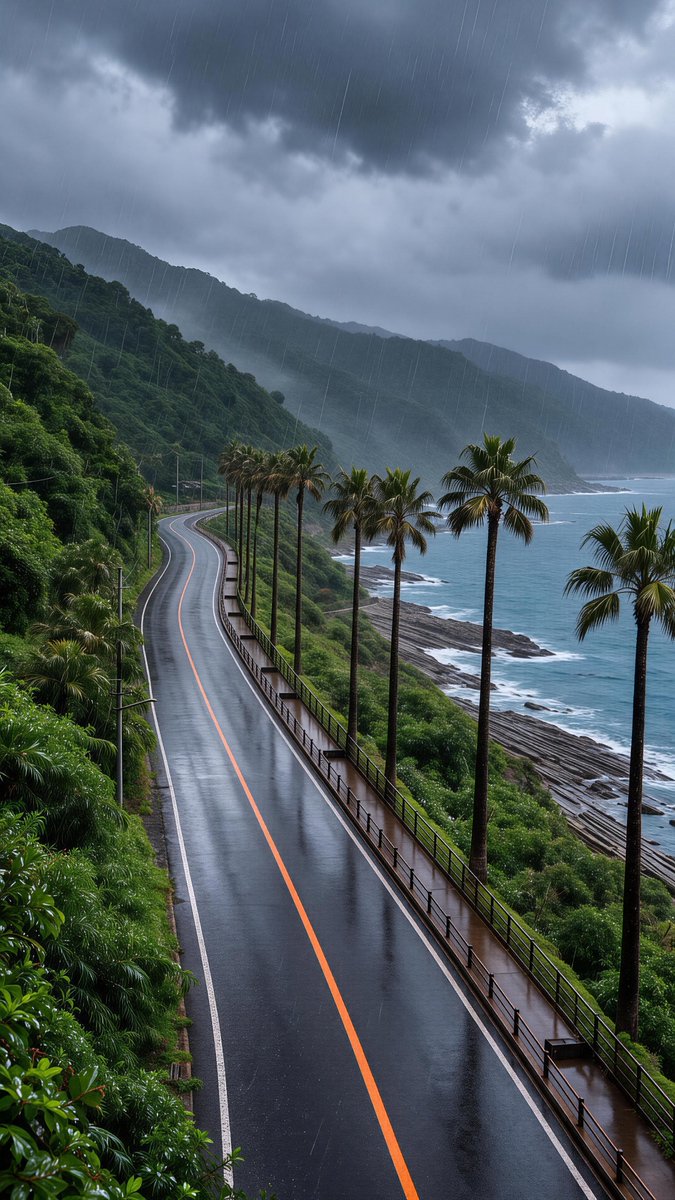 Rain_DeepSleep's tweet photo. Heavy rain falls on the empty road as palm trees stand beside the sea. Beyond them, waves wash over the long ridges of rock, and the distant hills fade into mist. You do not need to follow every thought tonight. Listen to the rain, feel your breathing slow, and let this quiet stretch of coast hold the moment for you. 🌧️🌊 #goodnight #rainsounds #deepsleep #serenity #oceanview