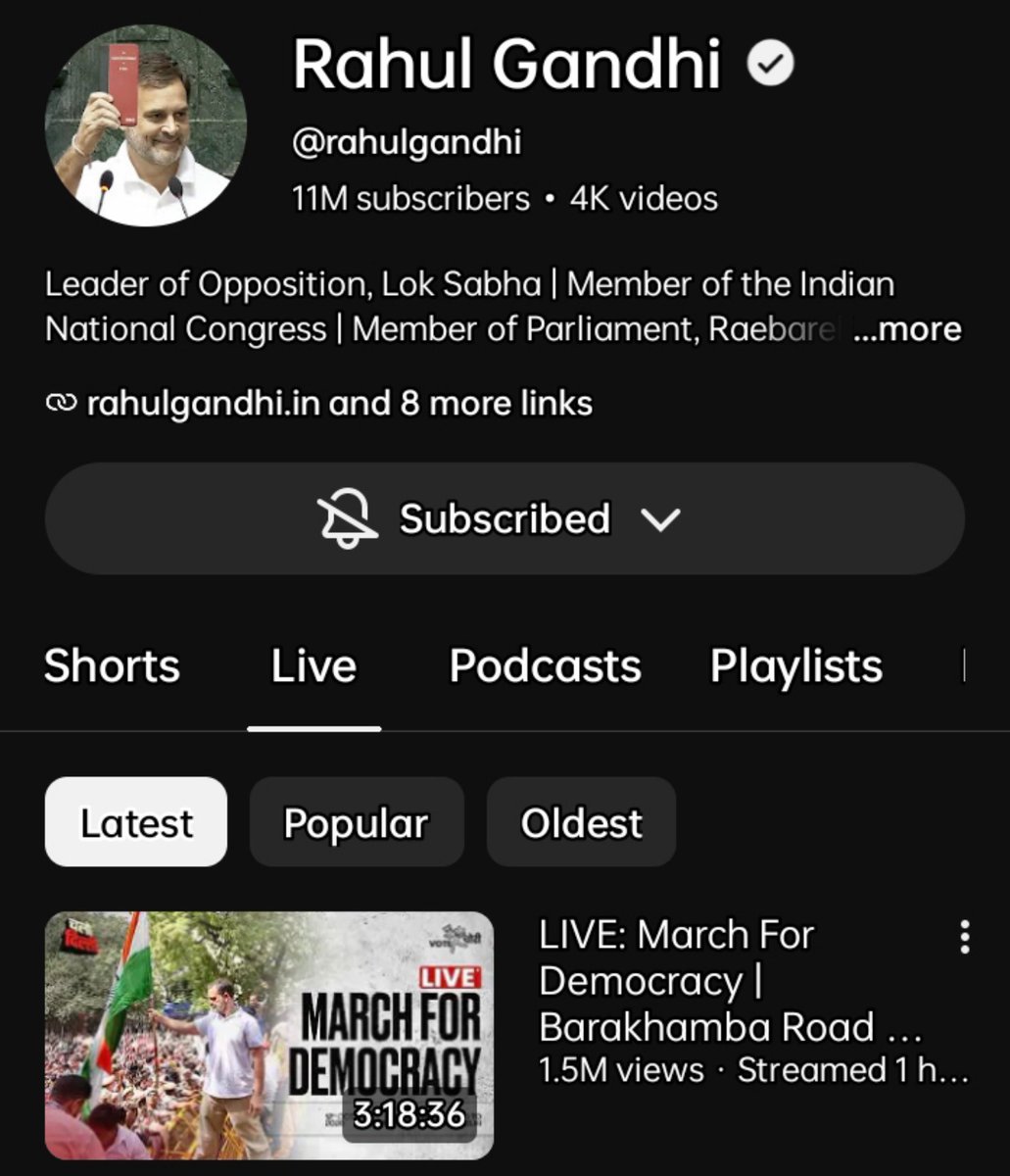 dheerajkyadav37's tweet photo. 🚨 BREAKING NEWS  🔥

1.5 MILLION VIEWS IN JUST ONE HOUR! 🤯

Rahul Gandhi’s YouTube livestream is pulling massive numbers.

No TV studio. No prime-time drama. Just a livestream commanding attention. 📈

RAHUL GANDHI 🔥 https://t.co/me2vp4Cse2