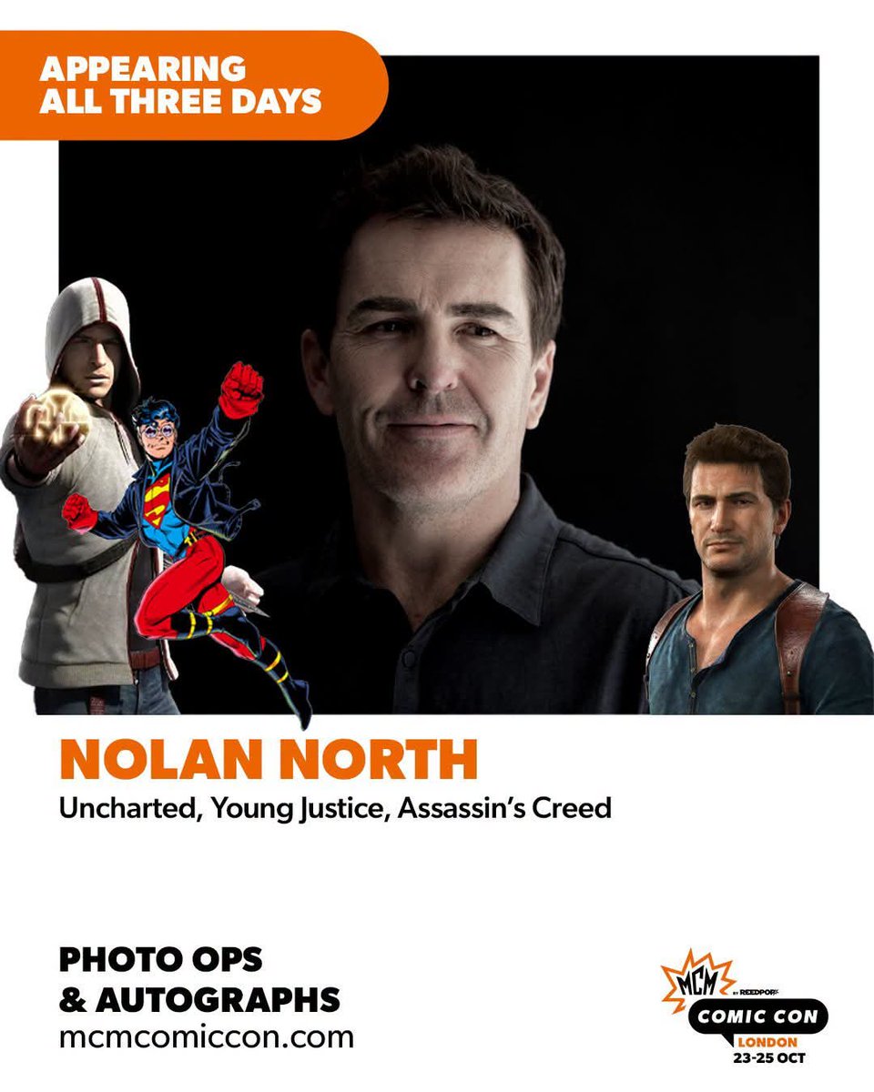 ACUnitedKingdom's tweet photo. MCM London is nearly here and there is a few incredible AC related guests attending! All 3 days will be @nolan_north @RogerCraigSmith and @Summersett_ and Friday and Sunday ONLY is Alix Wilton-Regan 😀 Taking part in photo ops, panels and autographs! Tickets are nearly all gone! https://t.co/2dqt89Rq0t