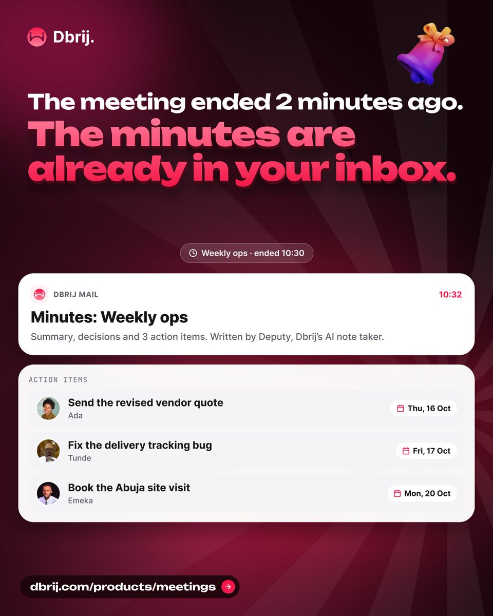 Dbriij's tweet photo. Your meeting shouldn’t end with someone still promising to “send the minutes later.”
With Dbrij, notes land in your inbox almost immediately, and action points already have owners and due dates attached.
Less follow-up. Faster execution.

https://t.co/uXwCognEAa https://t.co/01xm4A77EW