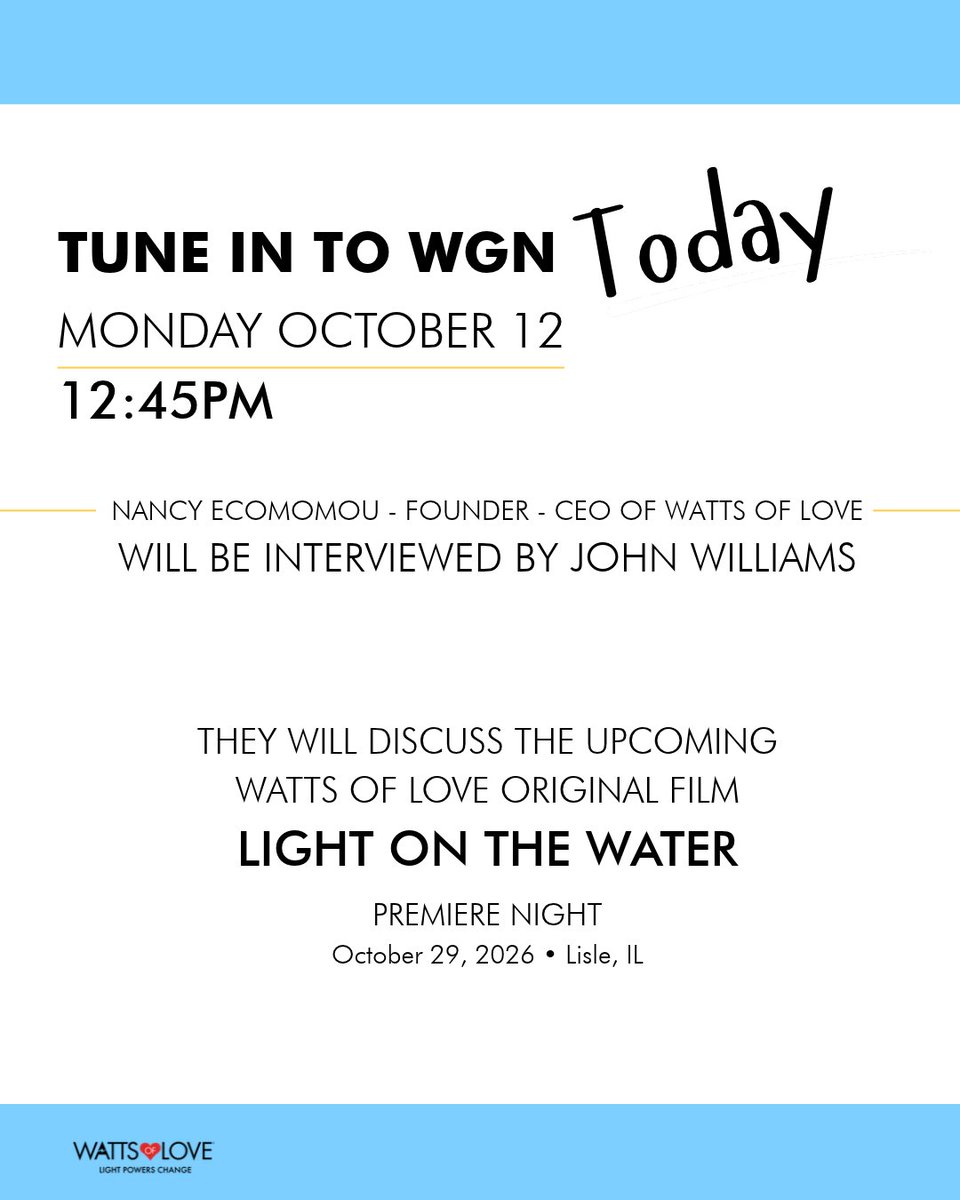 WattsofLove's tweet photo. TUNE IN TODAY
Nancy will be interviewed by John Williams at 12:45 on WGN!
Learn more about Watts of Love and our upcoming event original film "Light on the Water".

Premiering October 29. Tickets still available on our website. https://t.co/NoMEvnUHl1