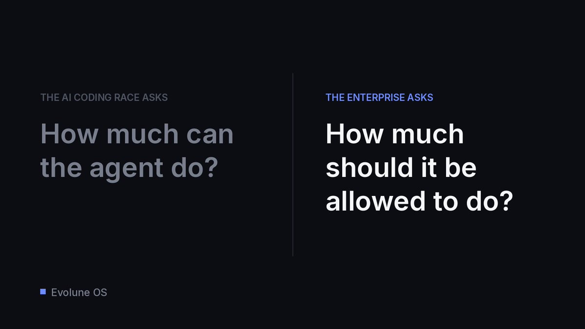 EvoluneOS's tweet photo. The AI coding race asks: how much can the agent do?

Enterprises are asking a different question: how much should it be allowed to do?

That second question will decide who actually ships with agents. 🧵 https://t.co/As2xQnY6xv